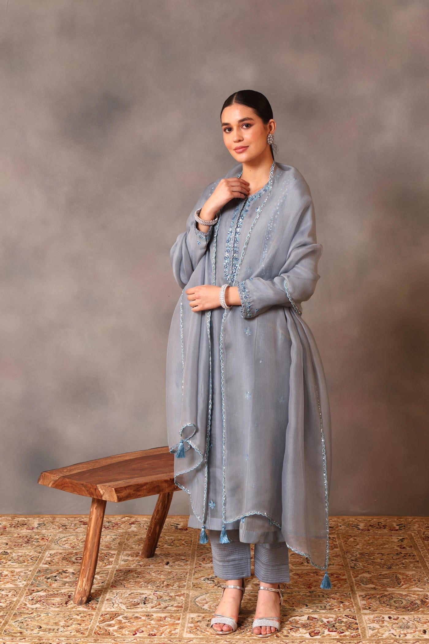 Hand Embroidered Faded Denim Pure Silk Organza Kurta Pants Set