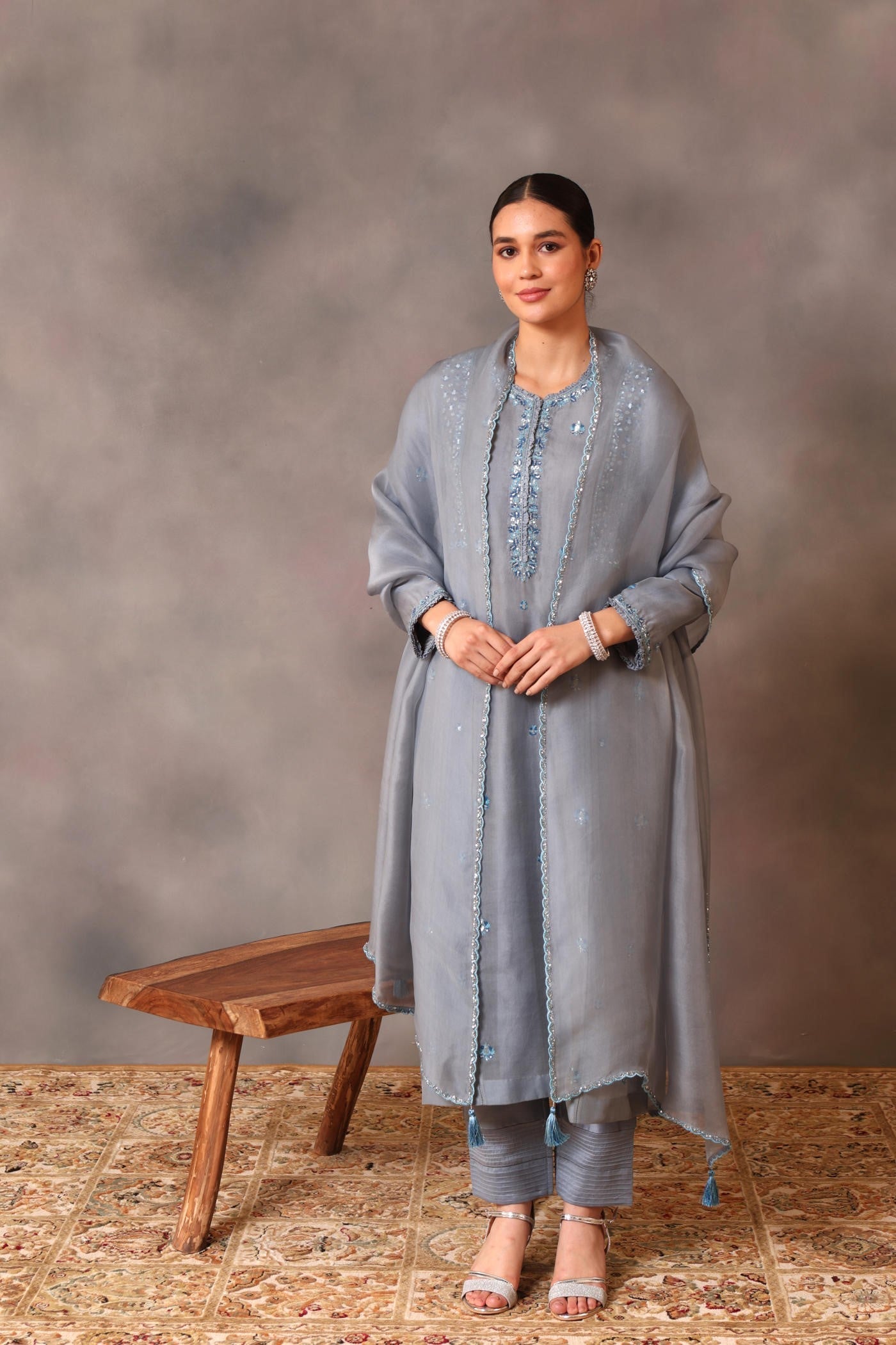 Hand Embroidered Faded Denim Pure Silk Organza Kurta Pants Set