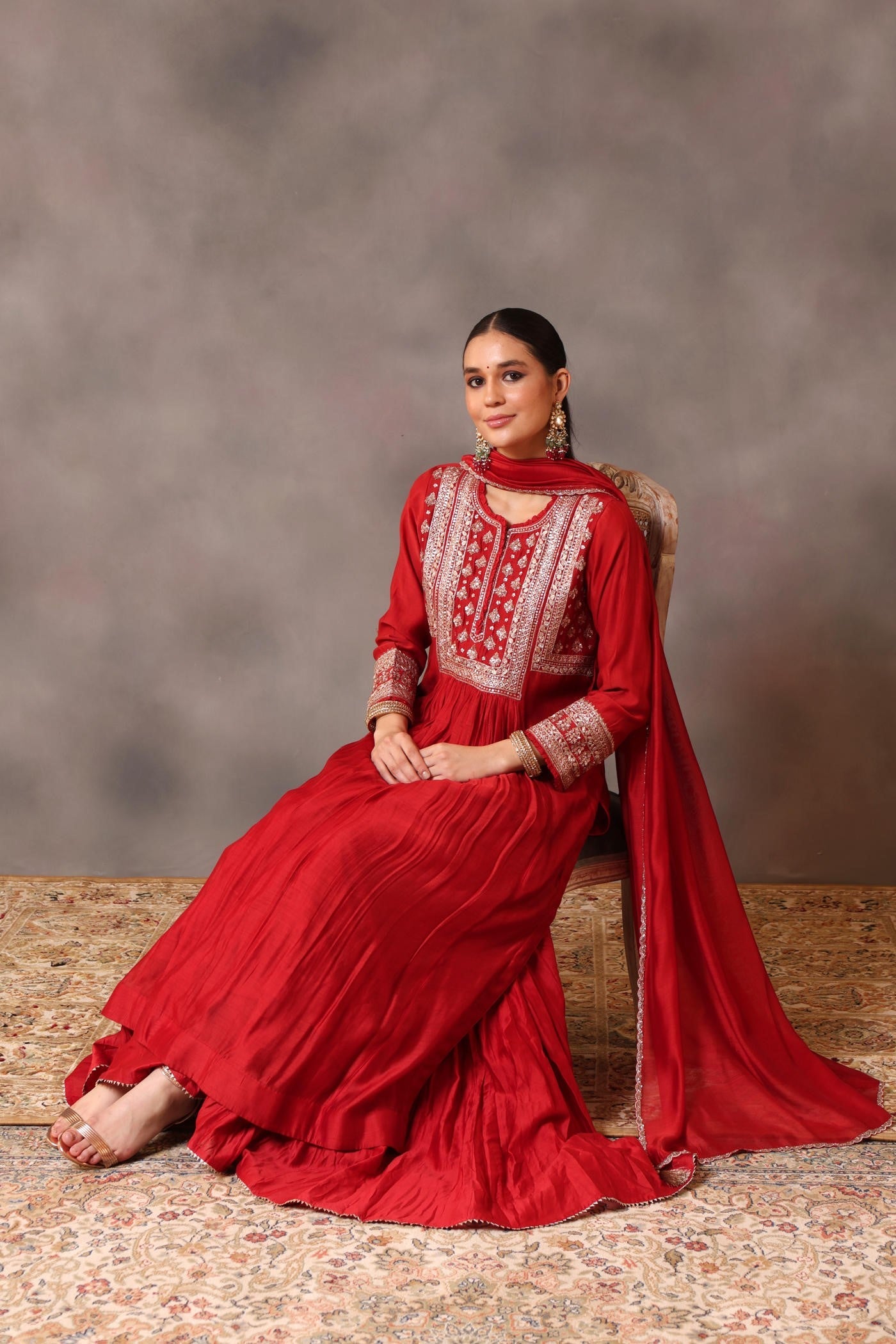 Hand Embroidered Aurora Red Pure Cotton Silk Kurta Sharara Set