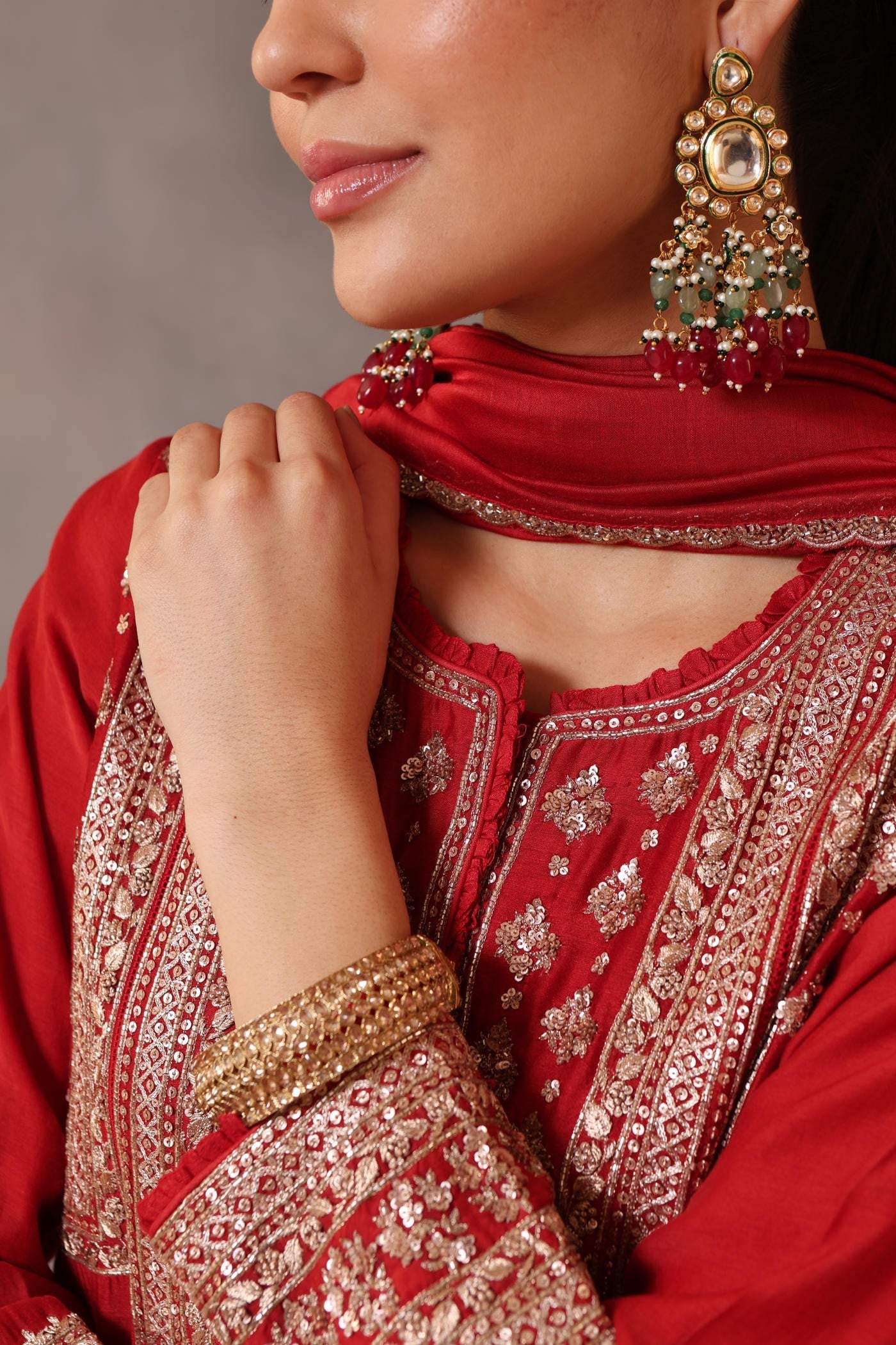 Hand Embroidered Aurora Red Pure Cotton Silk Kurta Sharara Set
