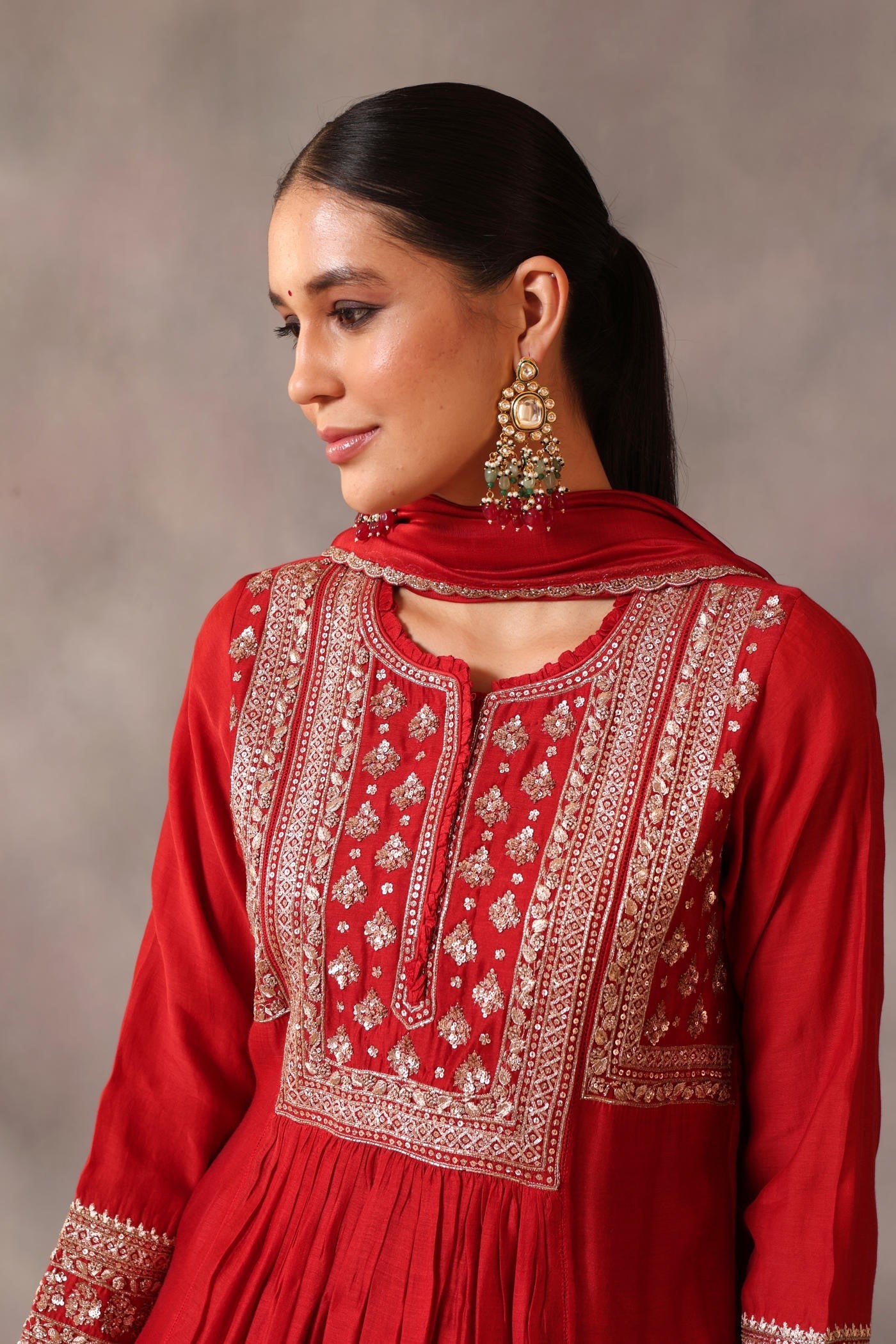 Hand Embroidered Aurora Red Pure Cotton Silk Kurta Sharara Set