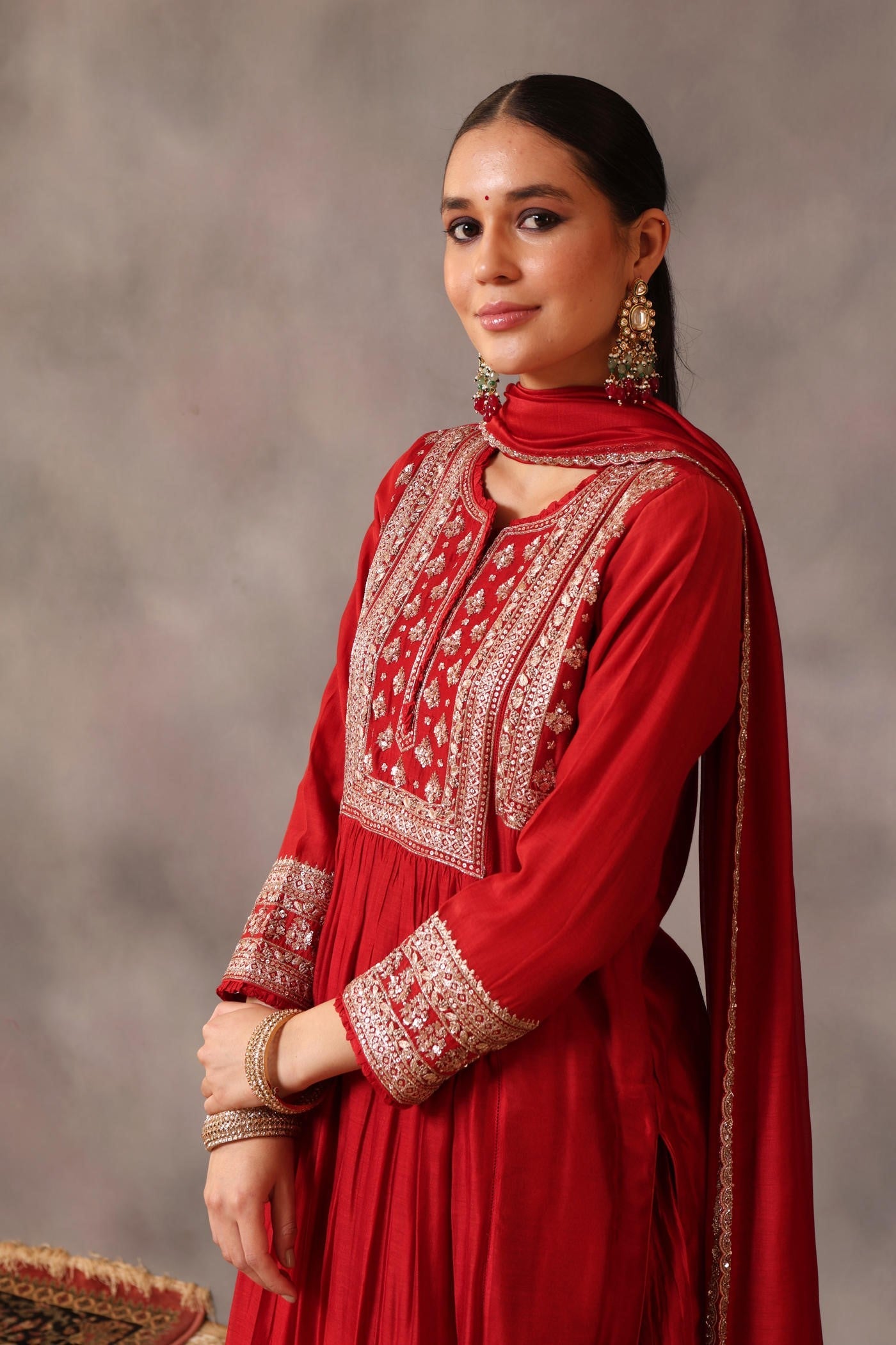 Hand Embroidered Aurora Red Pure Cotton Silk Kurta Sharara Set