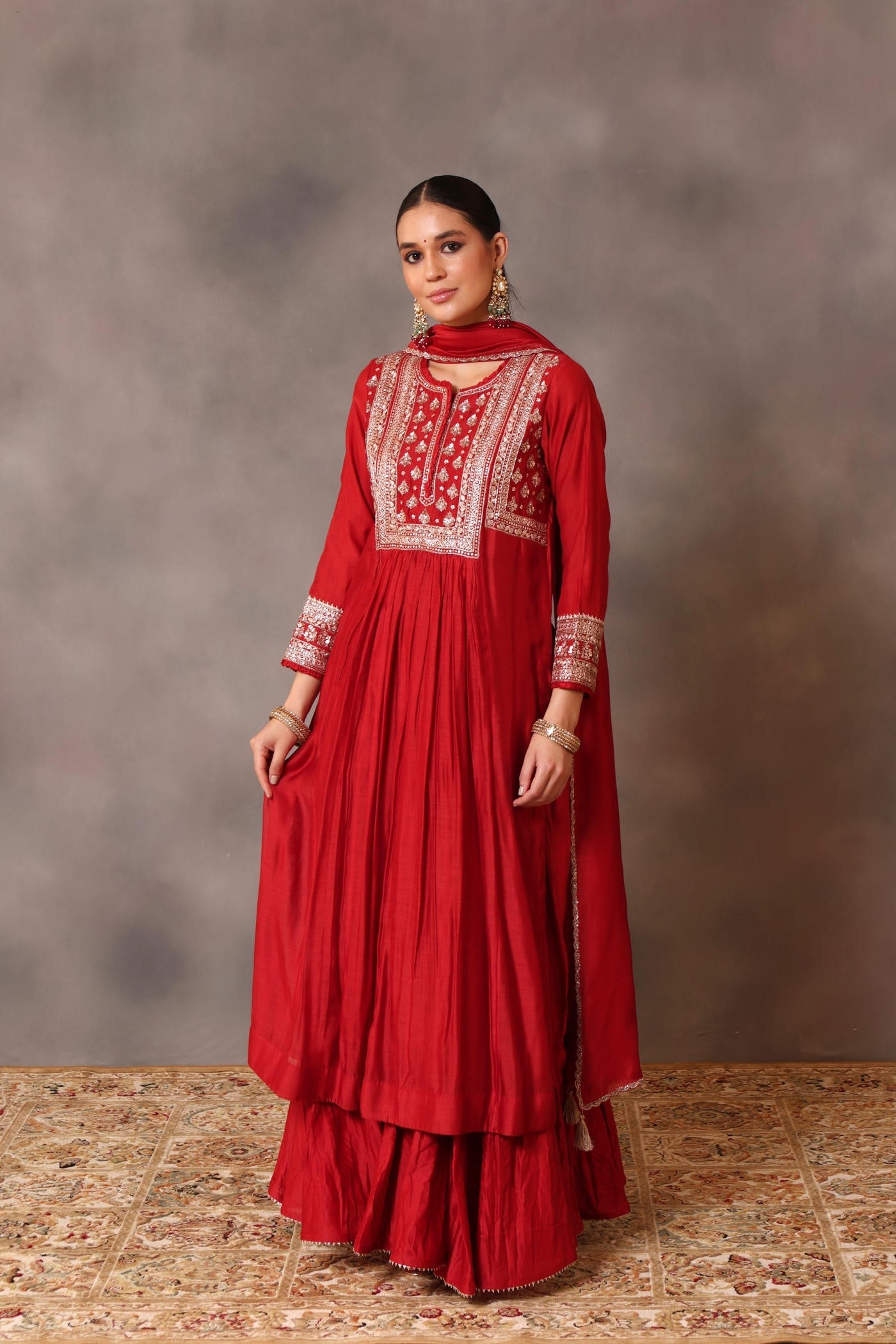 Hand Embroidered Aurora Red Pure Cotton Silk Kurta Sharara Set