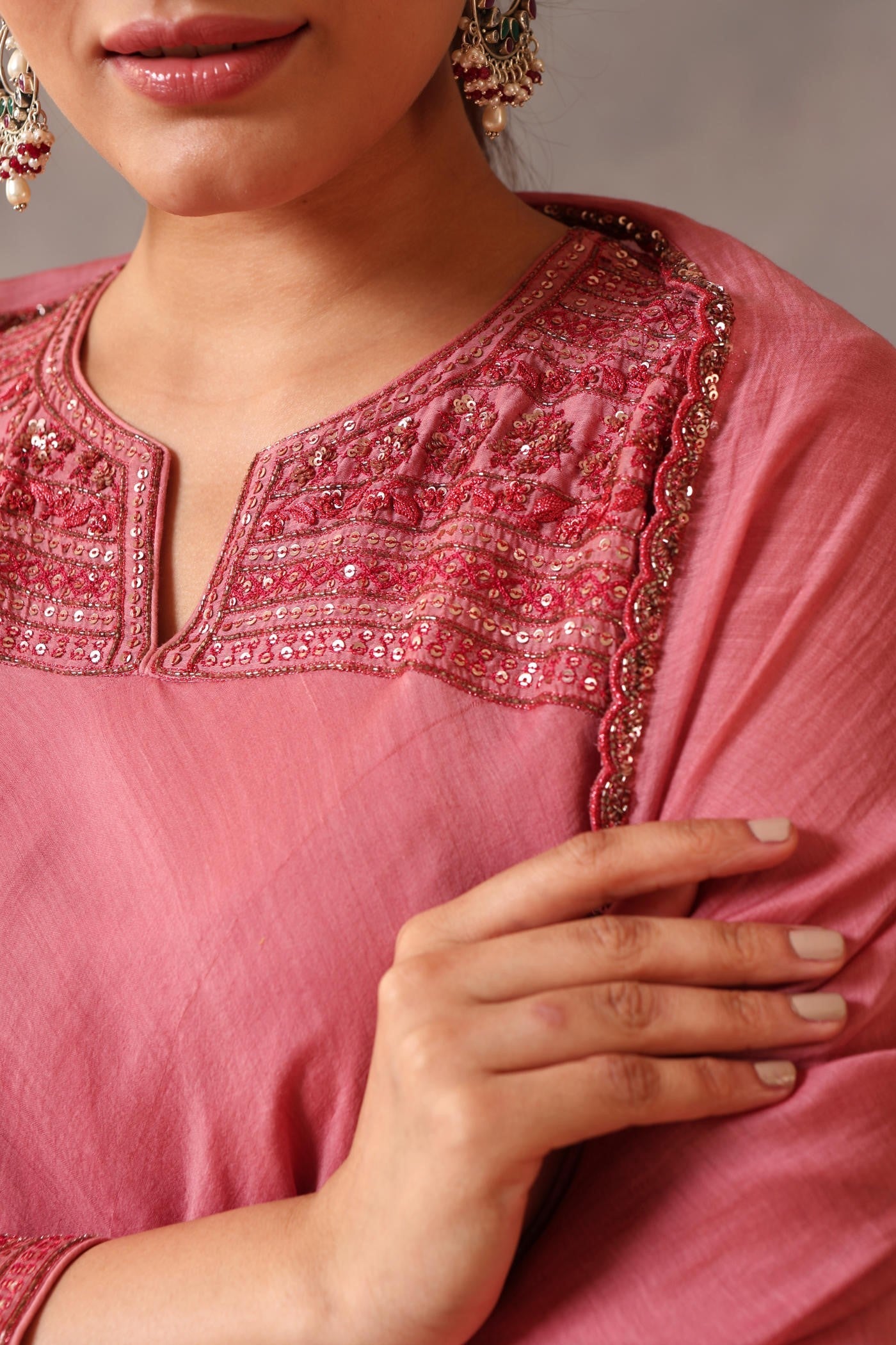 Hand Embroidered Wild Rose Pure Cotton Silk Kurta Pants Set