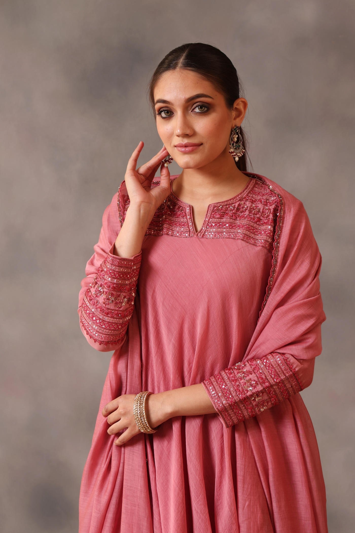 Hand Embroidered Wild Rose Pure Cotton Silk Kurta Pants Set