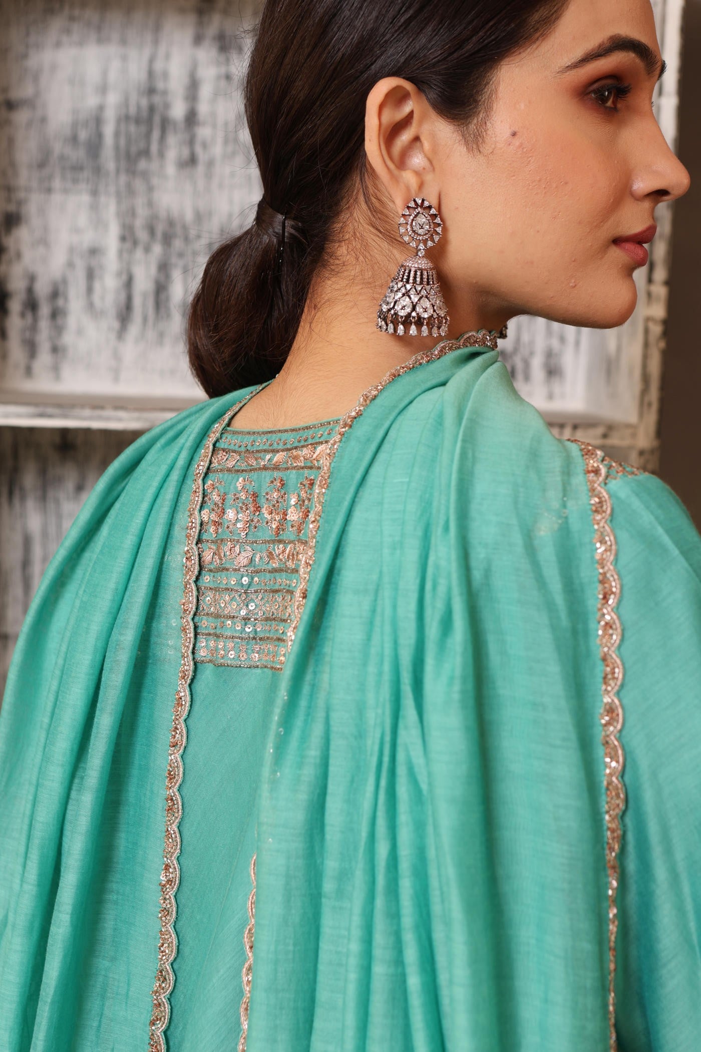 Hand Embroidered Lagoon Blue Pure Cotton Silk Kurta Pants Set