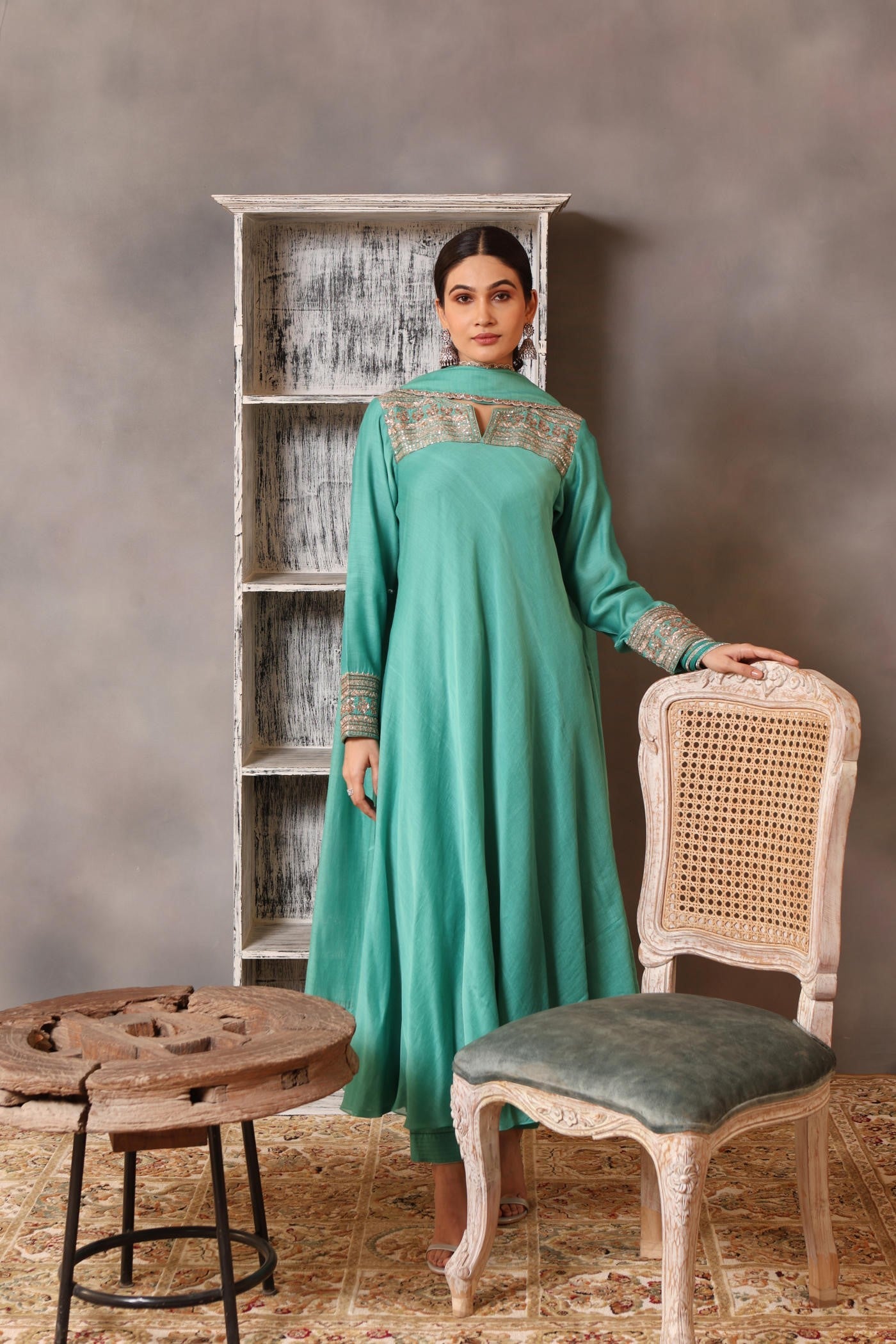 Hand Embroidered Lagoon Blue Pure Cotton Silk Kurta Pants Set