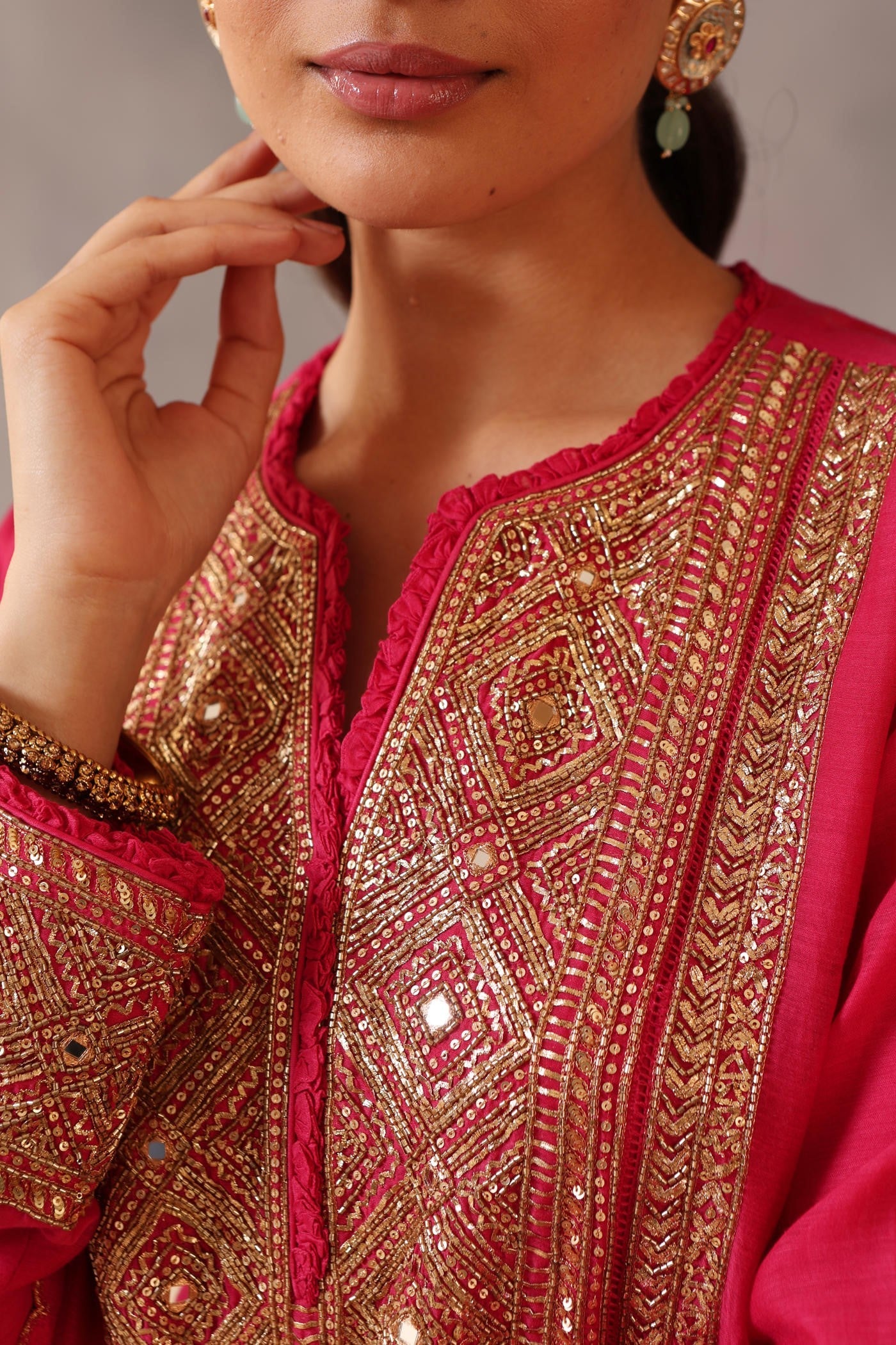 Hand Embroidered Rani Pink Pure Cotton Silk Kurta Pants Set
