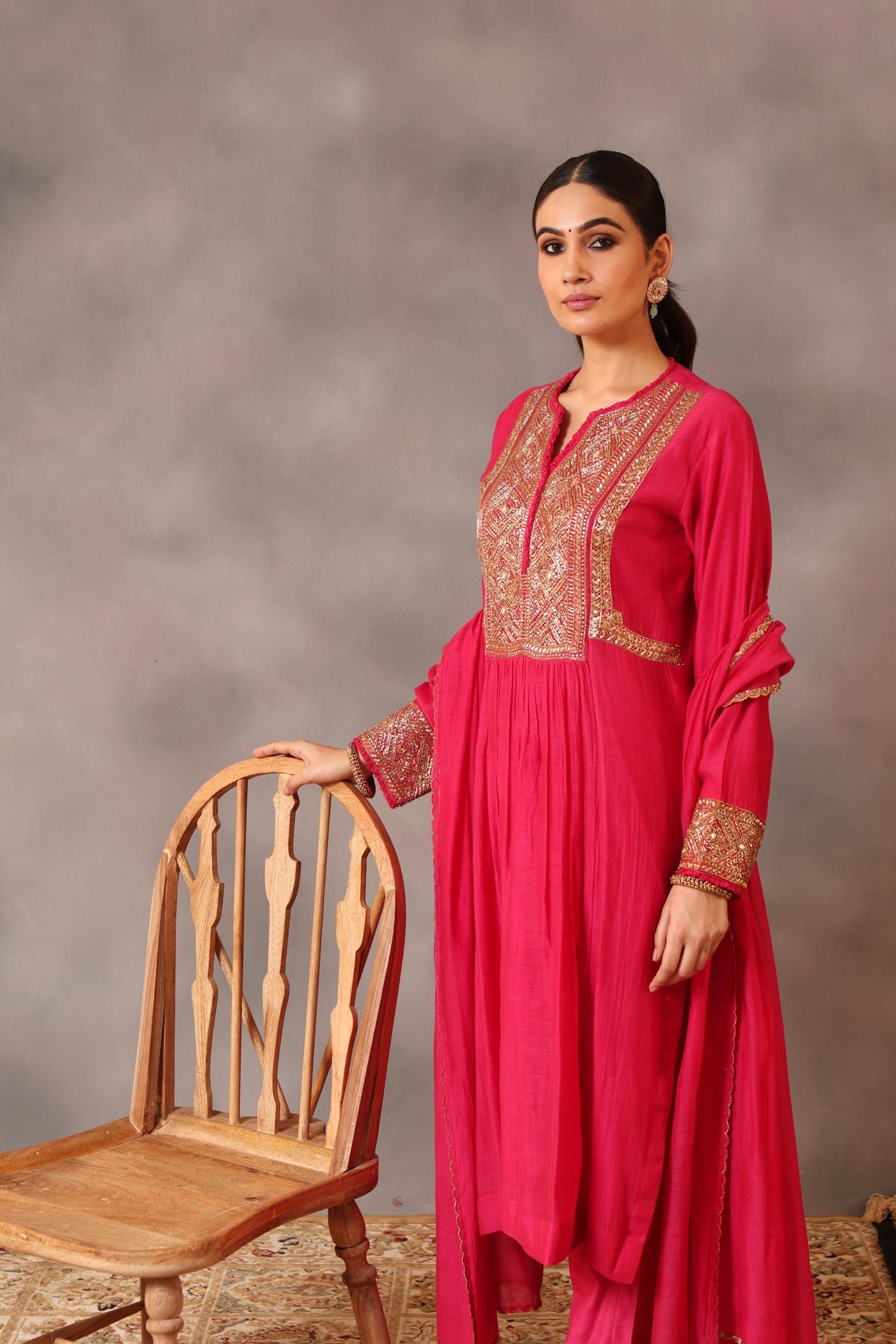 Hand Embroidered Rani Pink Pure Cotton Silk Kurta Pants Set