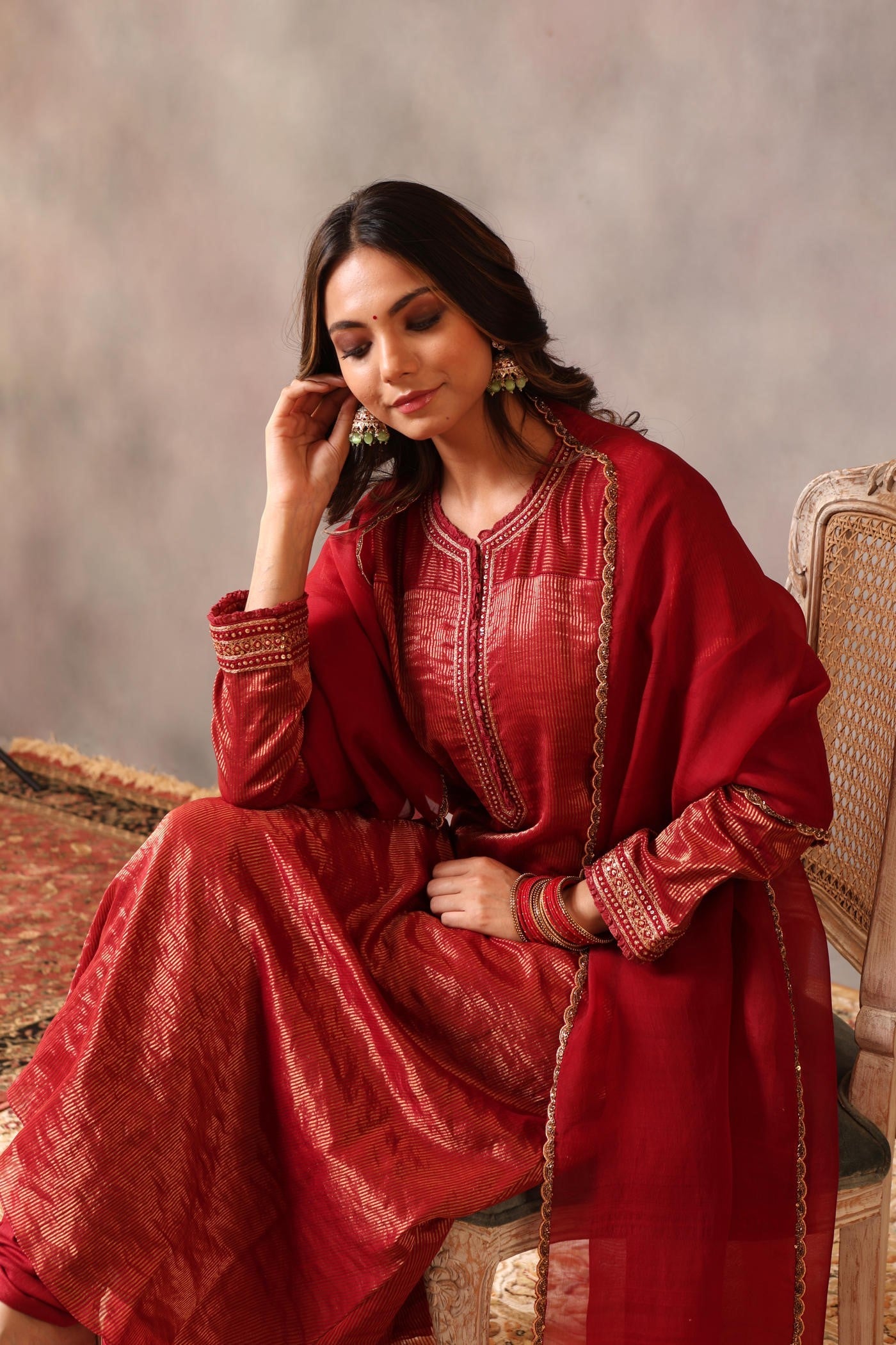 Hand Embroidered Maroon Pure Katan Silk Kurta Churidaar Set