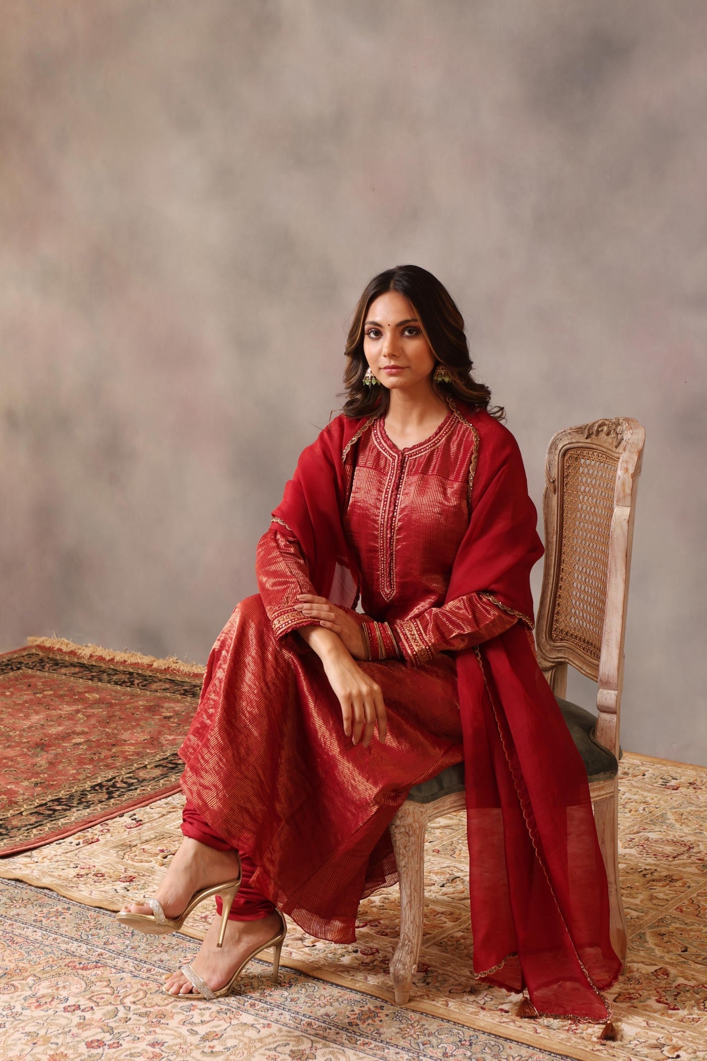 Hand Embroidered Maroon Pure Katan Silk Kurta Churidaar Set