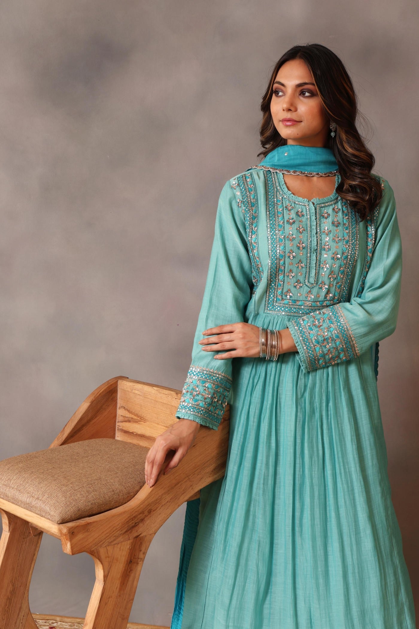 Hand Embroidered Turquoise Blue Pure Cotton Silk Kurta Sharara Set