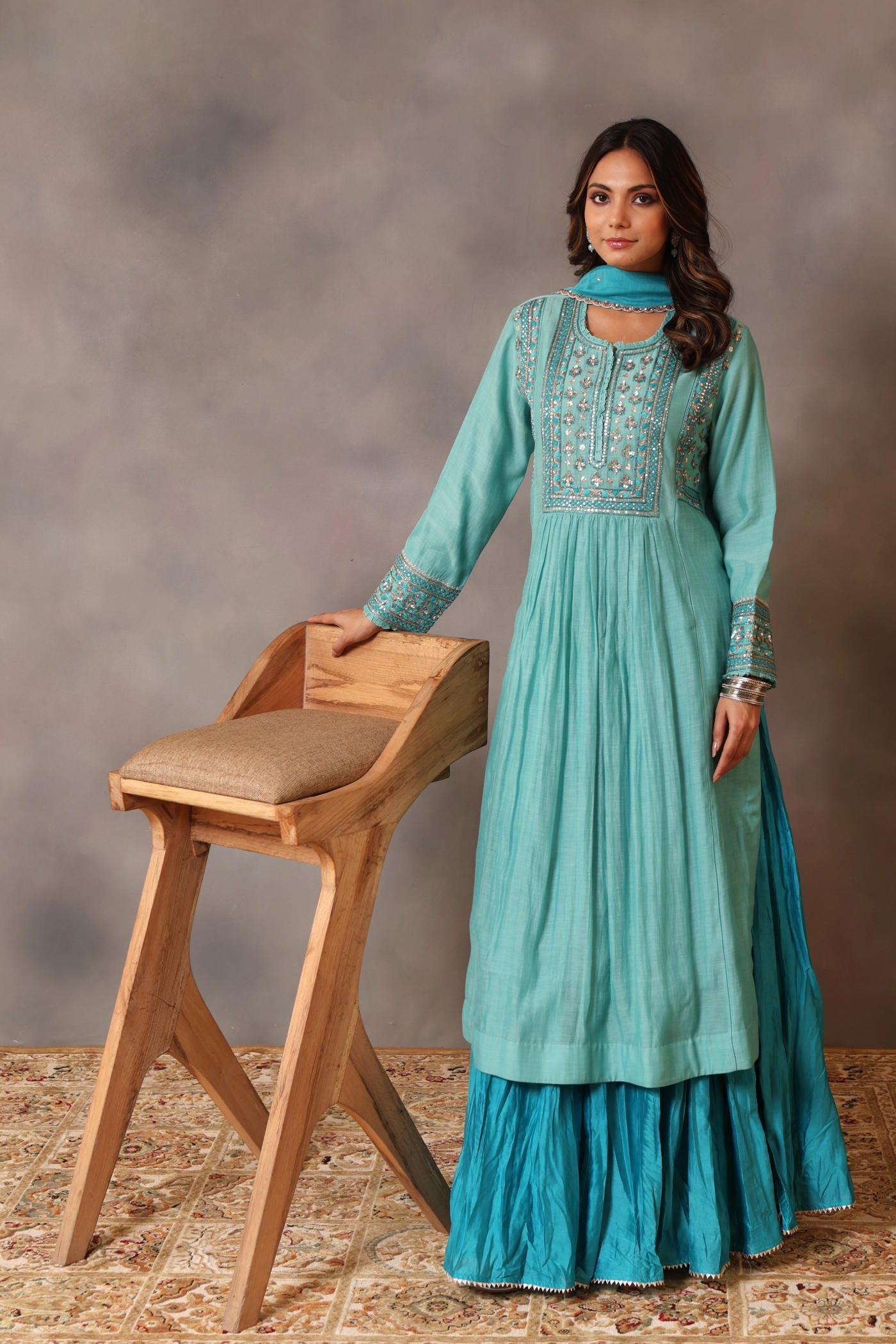 Hand Embroidered Turquoise Blue Pure Cotton Silk Kurta Sharara Set