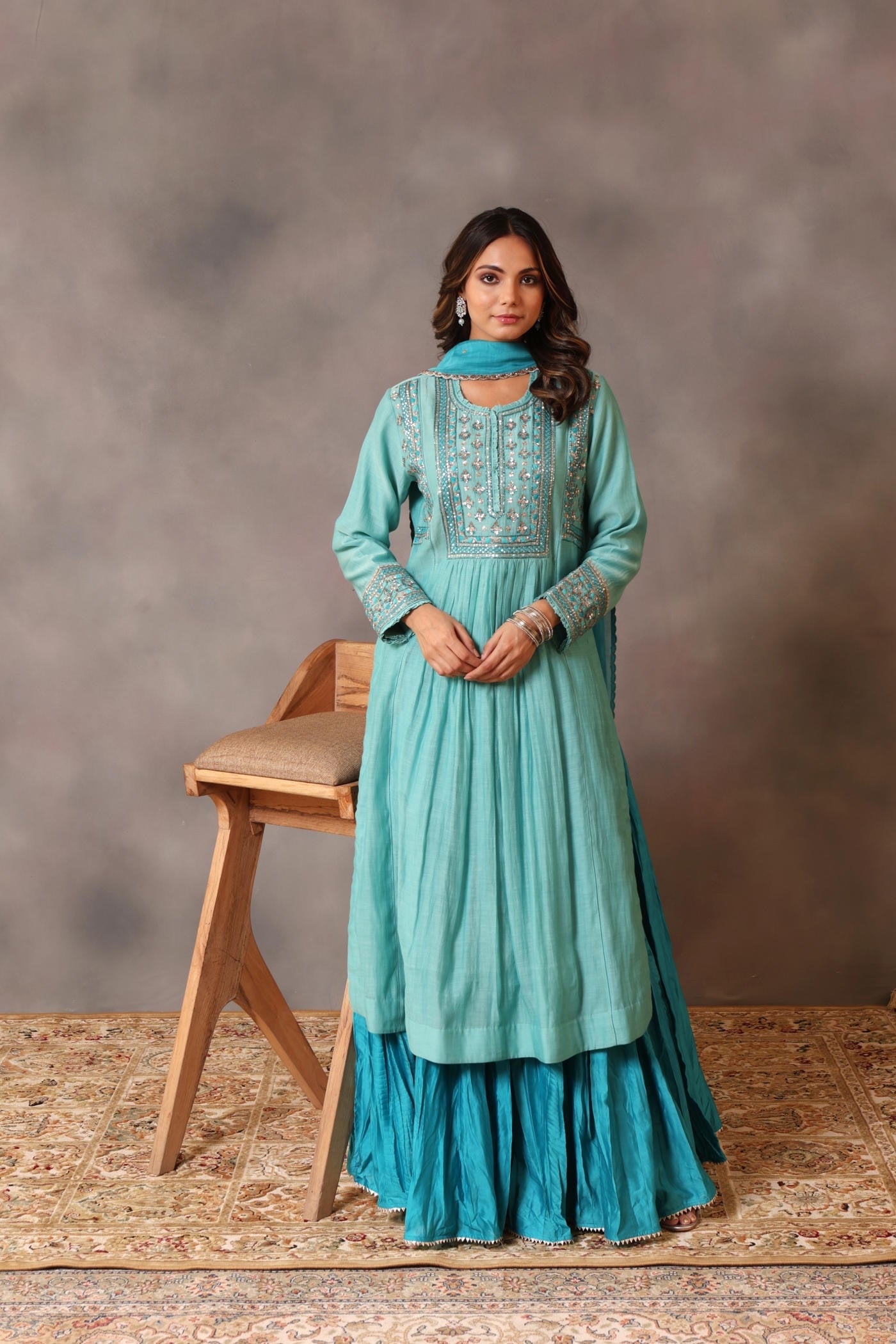 Hand Embroidered Turquoise Blue Pure Cotton Silk Kurta Sharara Set