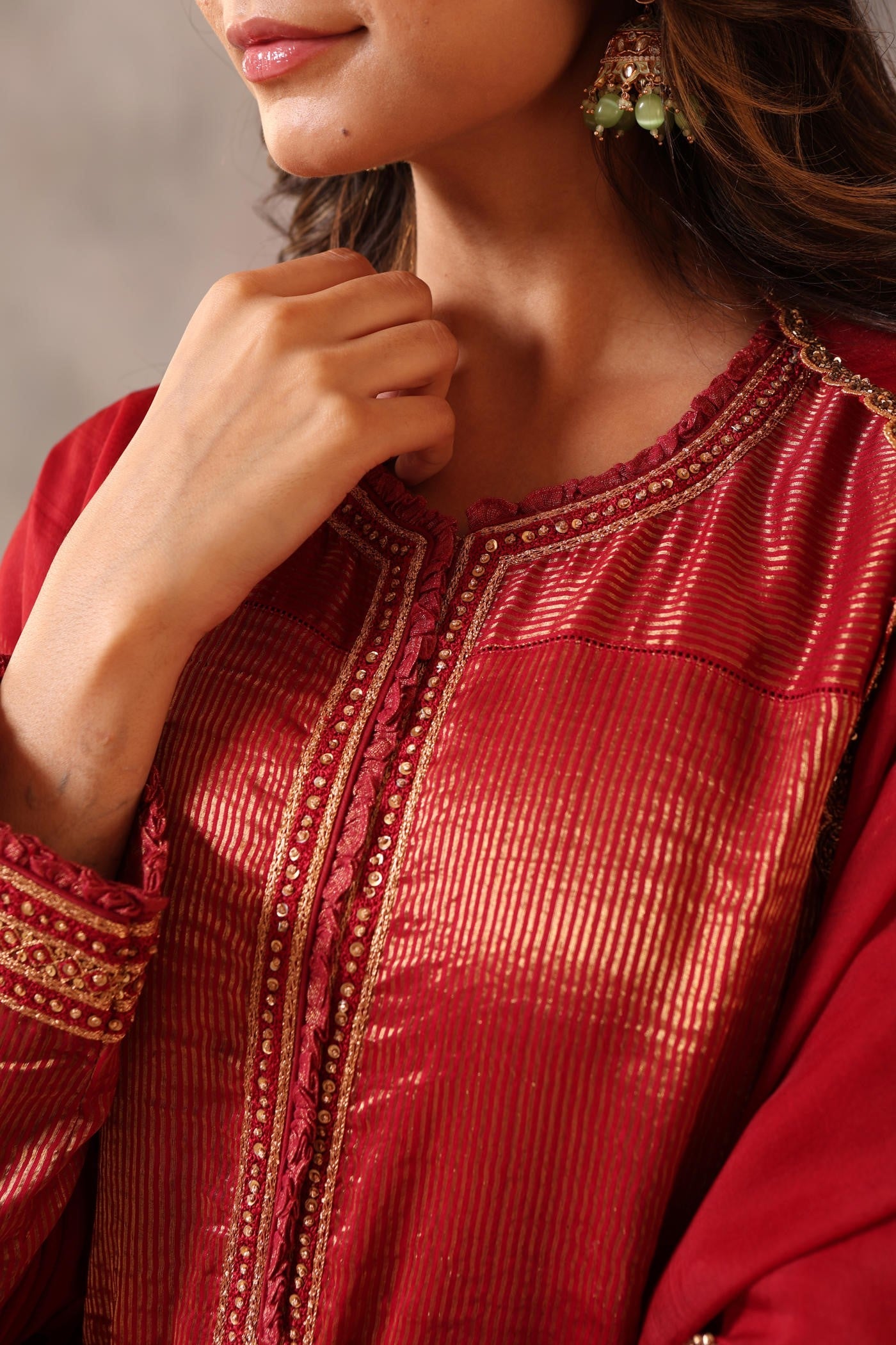 Hand Embroidered Maroon Pure Katan Silk Kurta Churidaar Set