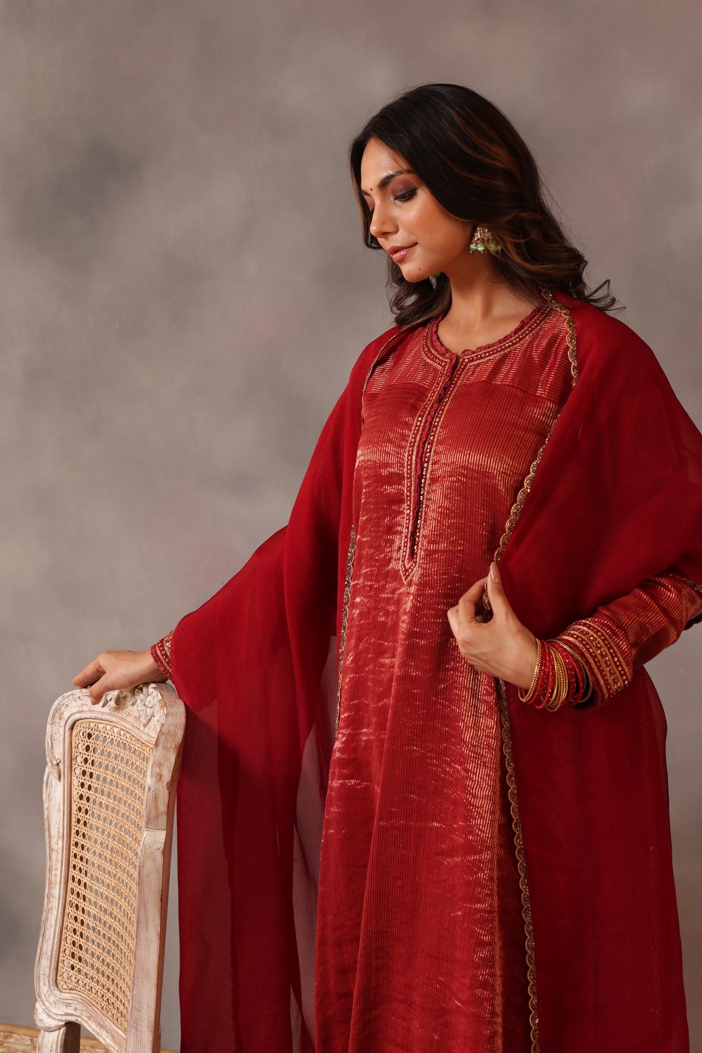 Hand Embroidered Maroon Pure Katan Silk Kurta Churidaar Set