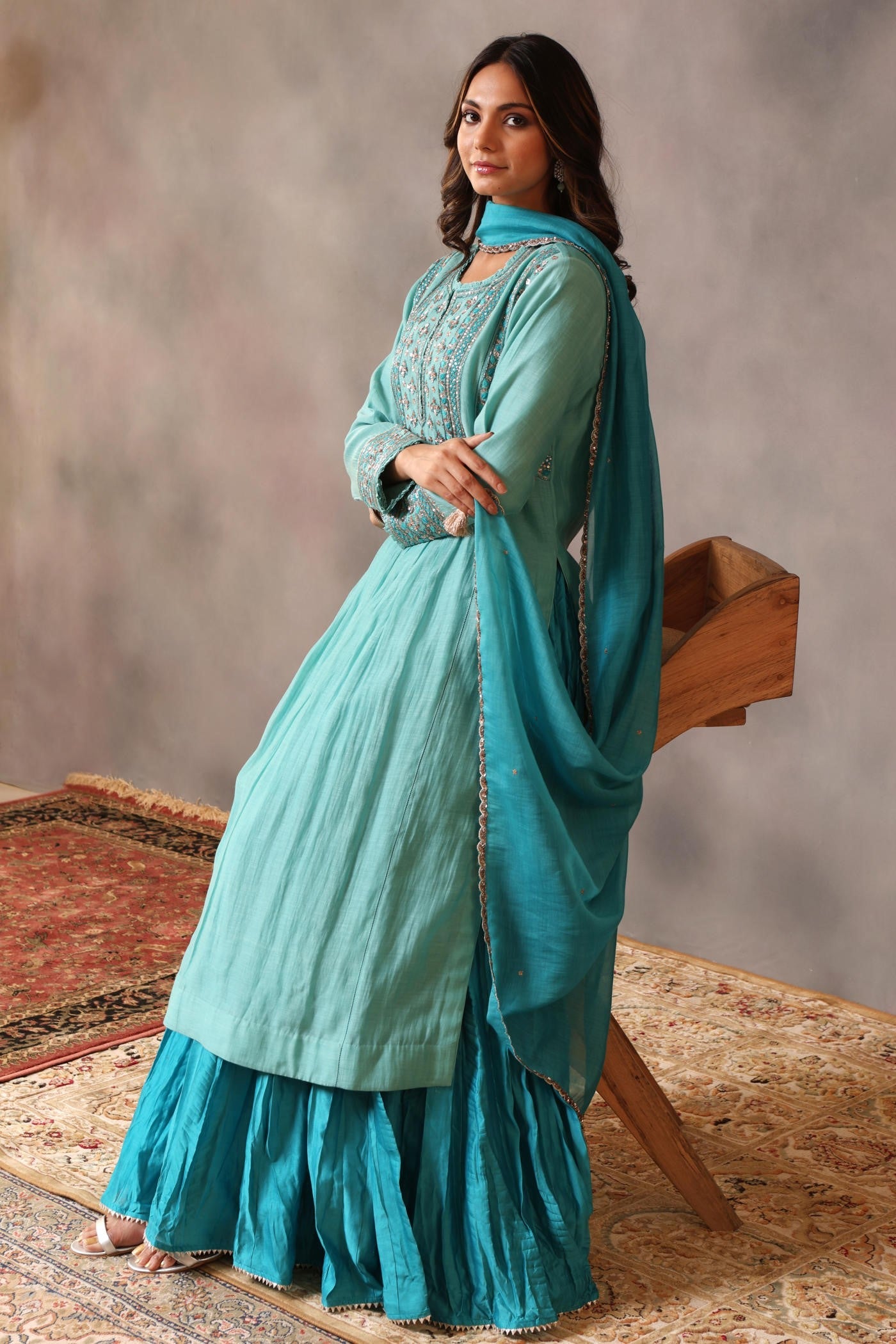 Hand Embroidered Turquoise Blue Pure Cotton Silk Kurta Sharara Set
