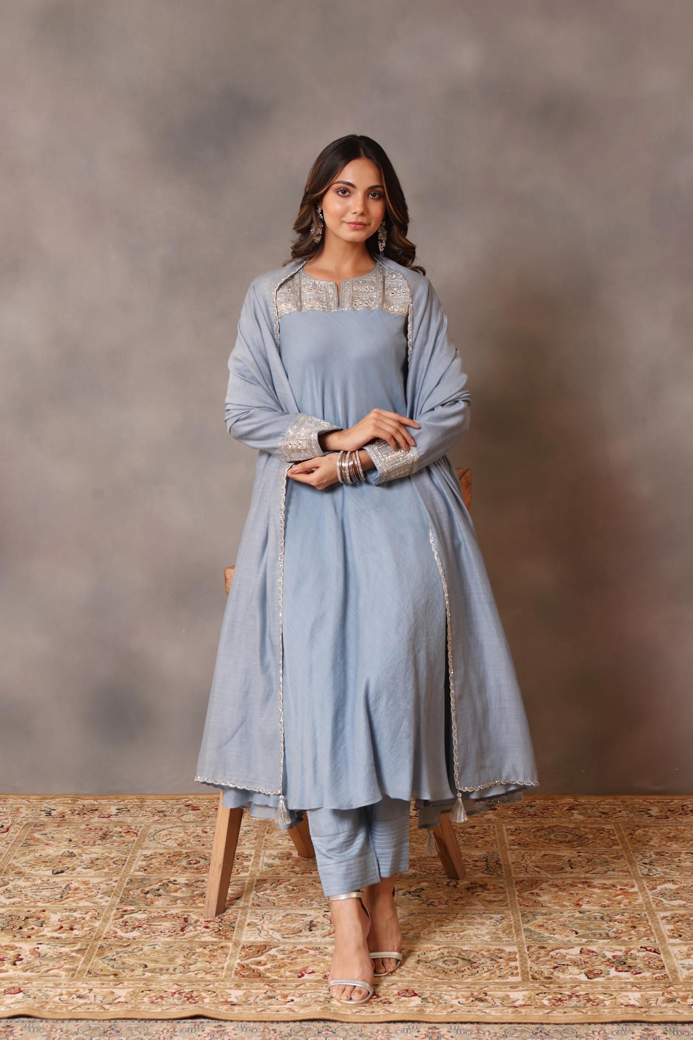 Hand Embroidered Powder Blue Pure Cotton Silk Kurta Pants Set