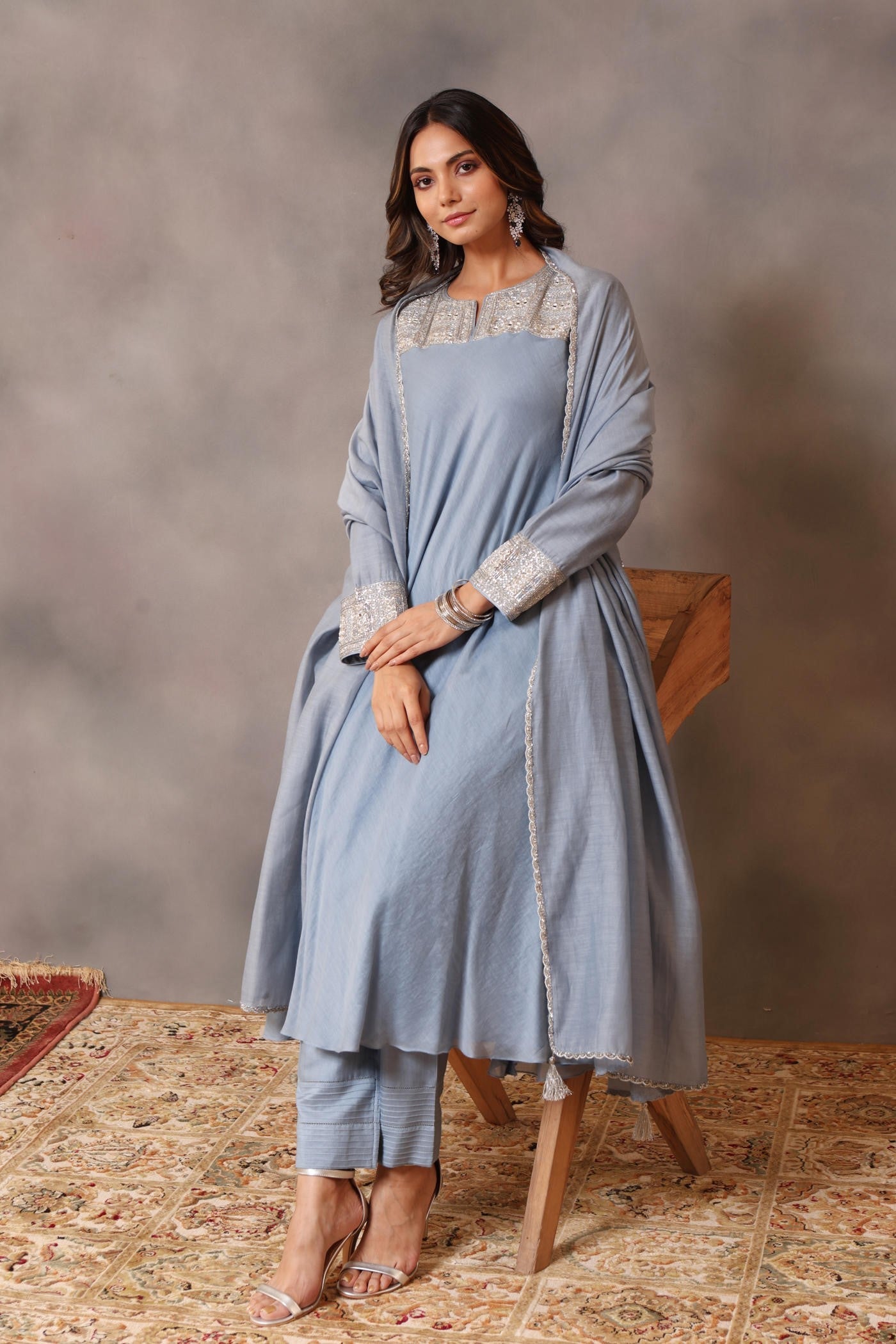 Hand Embroidered Powder Blue Pure Cotton Silk Kurta Pants Set
