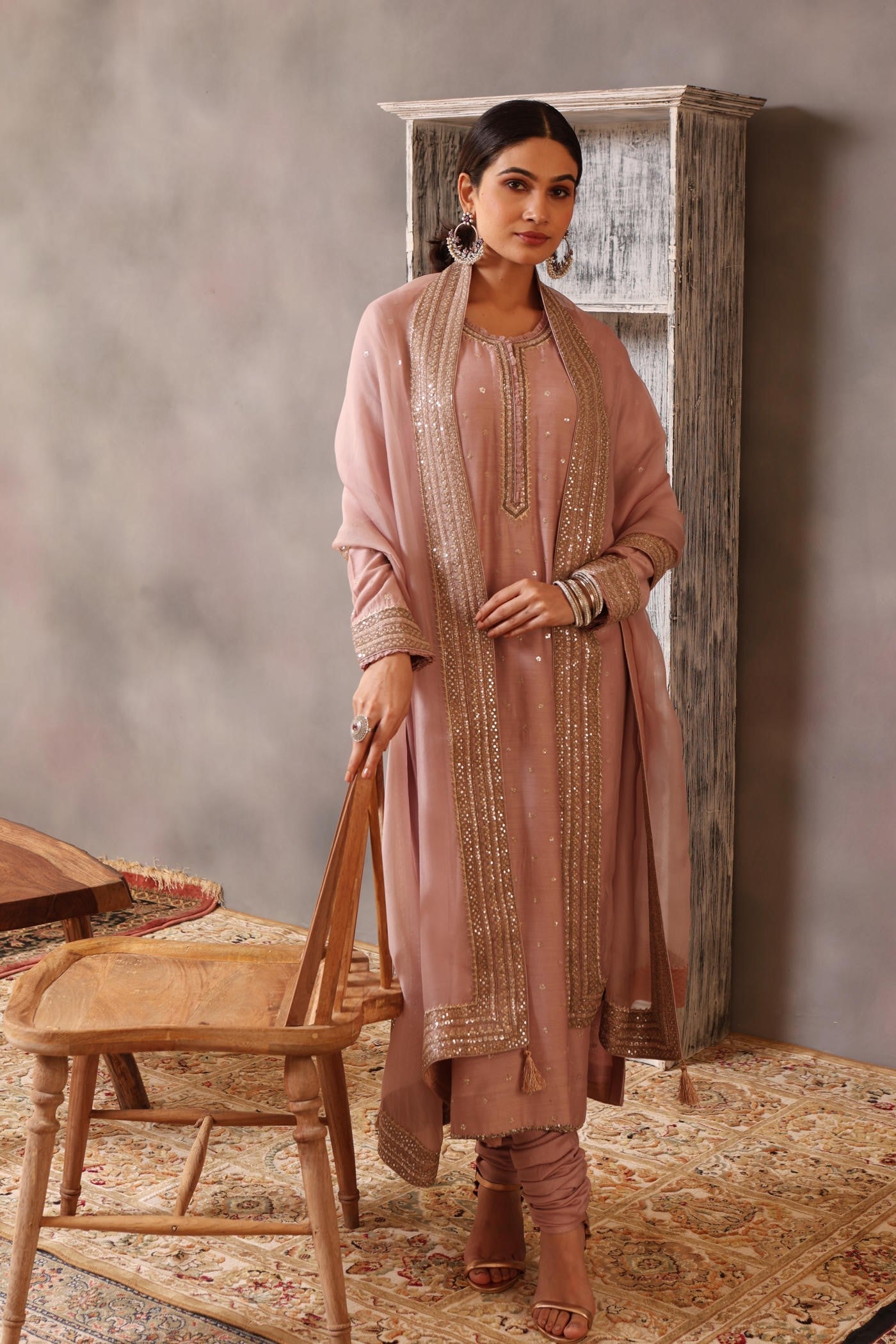 Hand Embroidered Dusty Pastel Lilac Pure Muga Silk Kurta Pants Set