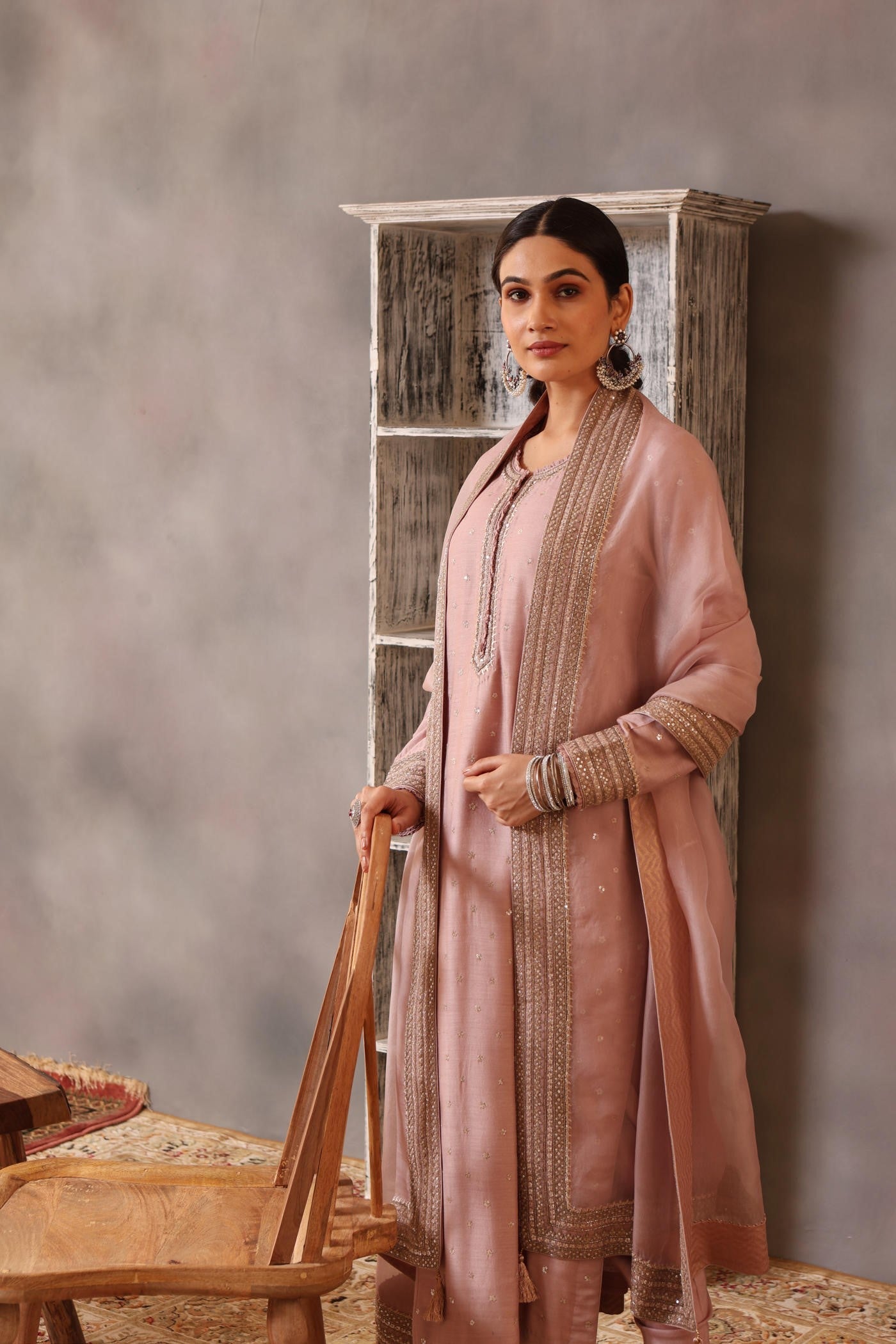 Hand Embroidered Dusty Pastel Lilac Pure Muga Silk Kurta Pants Set