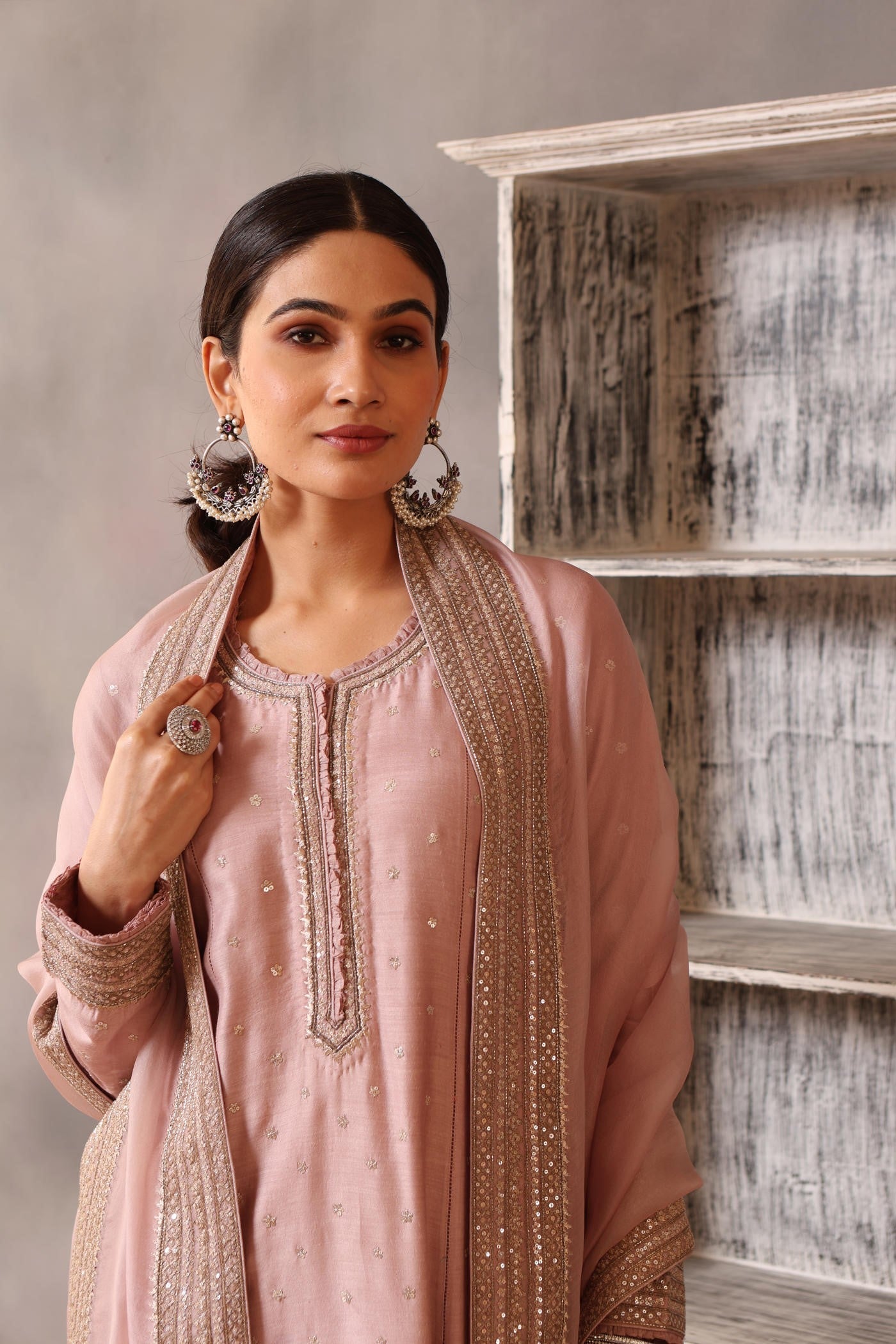 Hand Embroidered Dusty Pastel Lilac Pure Muga Silk Kurta Pants Set