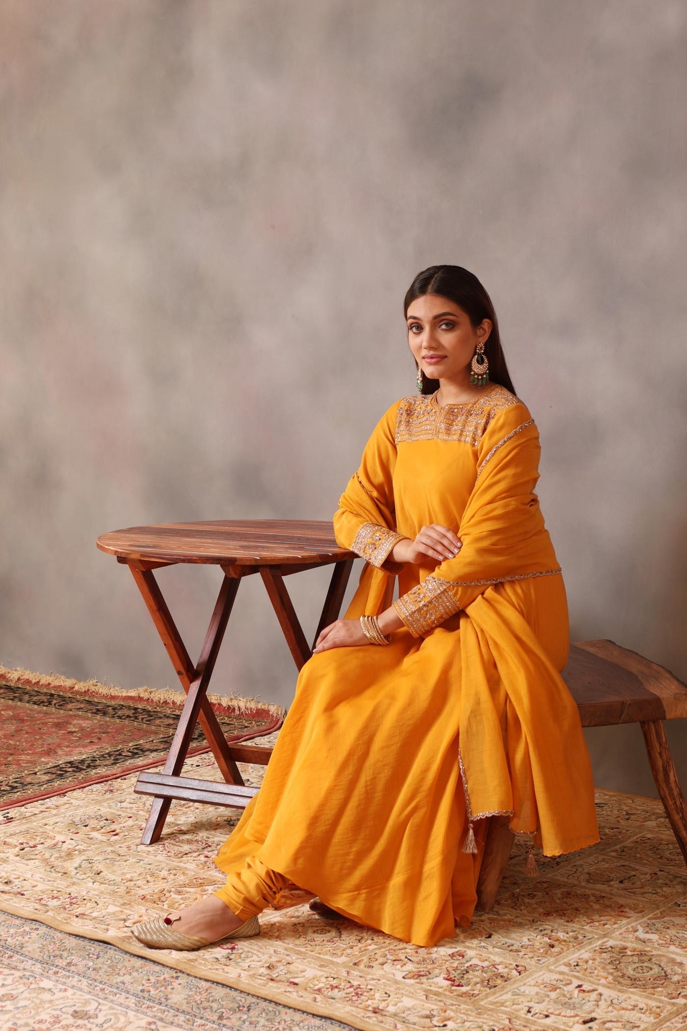 Hand Embroidered Turmeric Yellow Pure Cotton Silk Kurta Churidaar Set