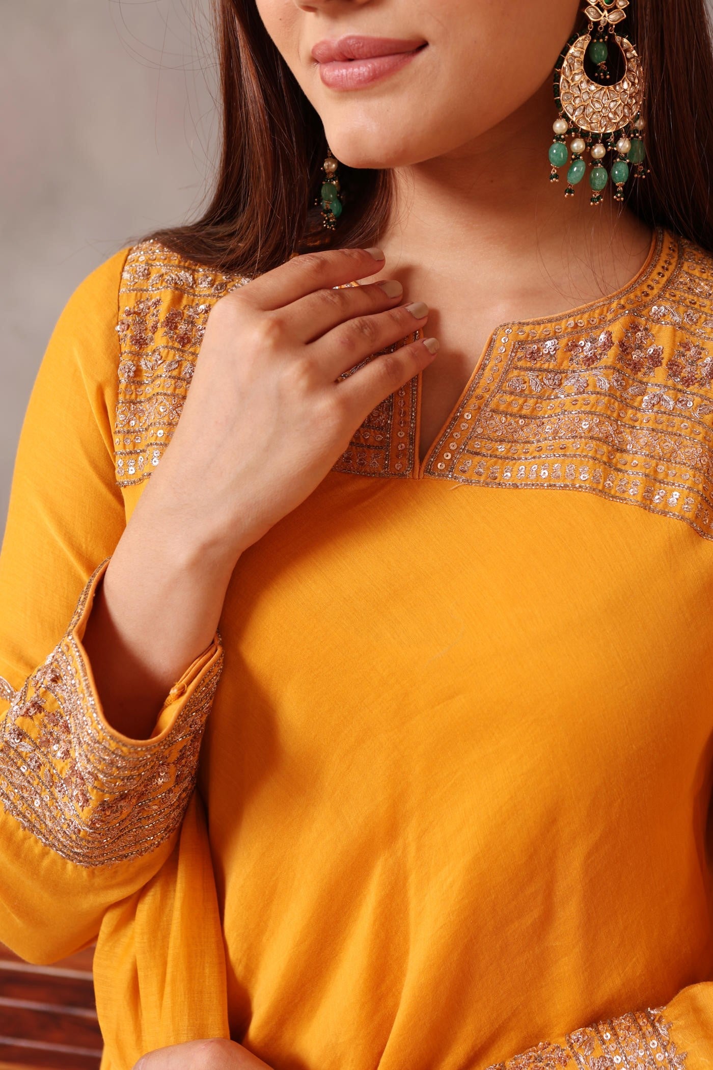 Hand Embroidered Turmeric Yellow Pure Cotton Silk Kurta Churidaar Set