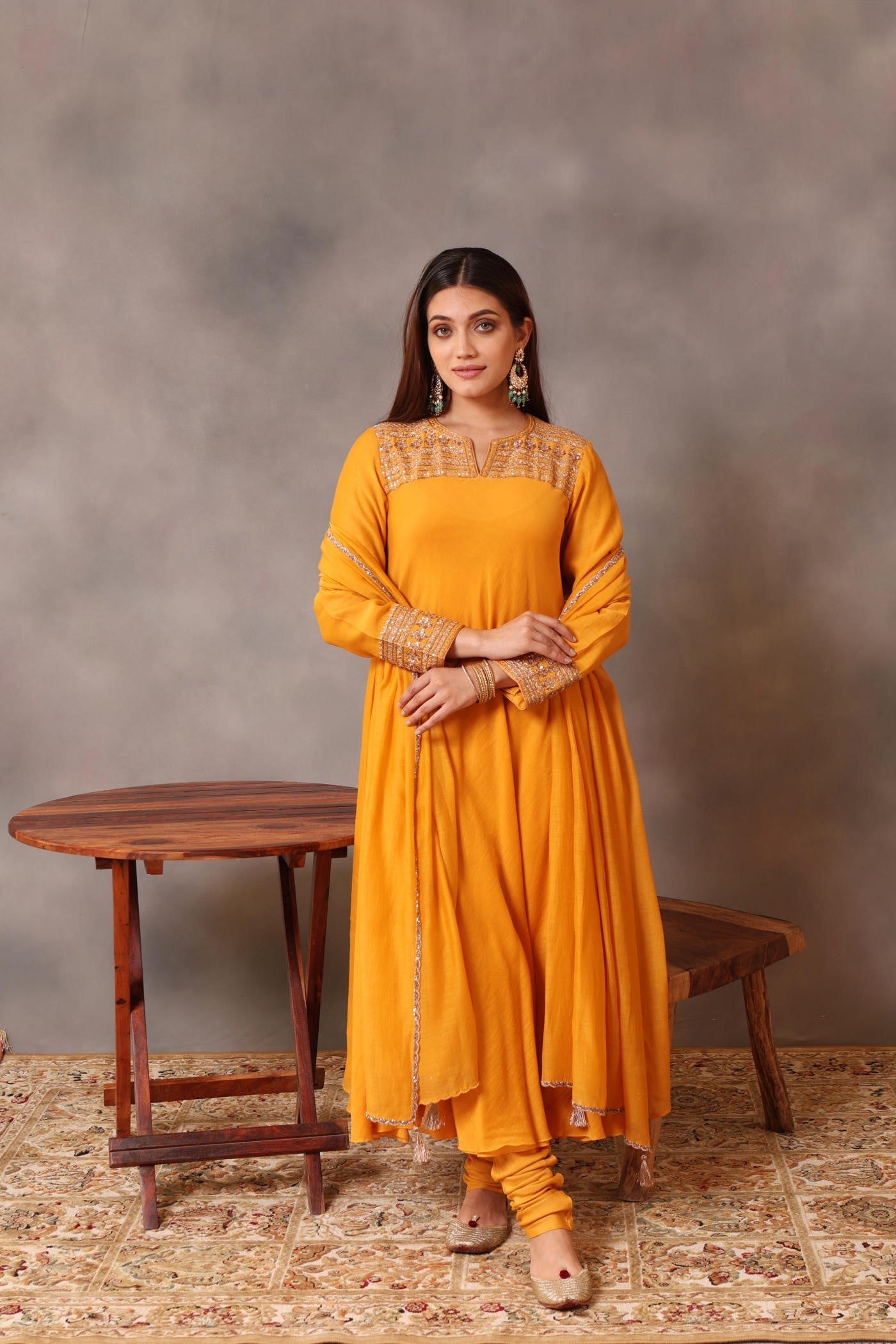 Hand Embroidered Turmeric Yellow Pure Cotton Silk Kurta Churidaar Set