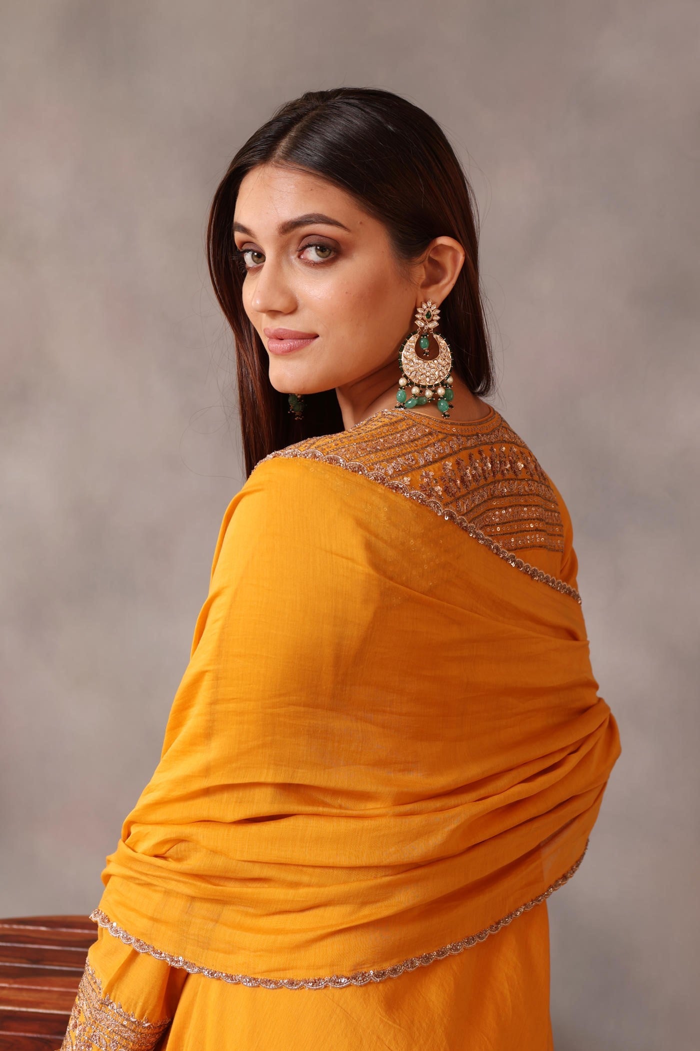 Hand Embroidered Turmeric Yellow Pure Cotton Silk Kurta Churidaar Set