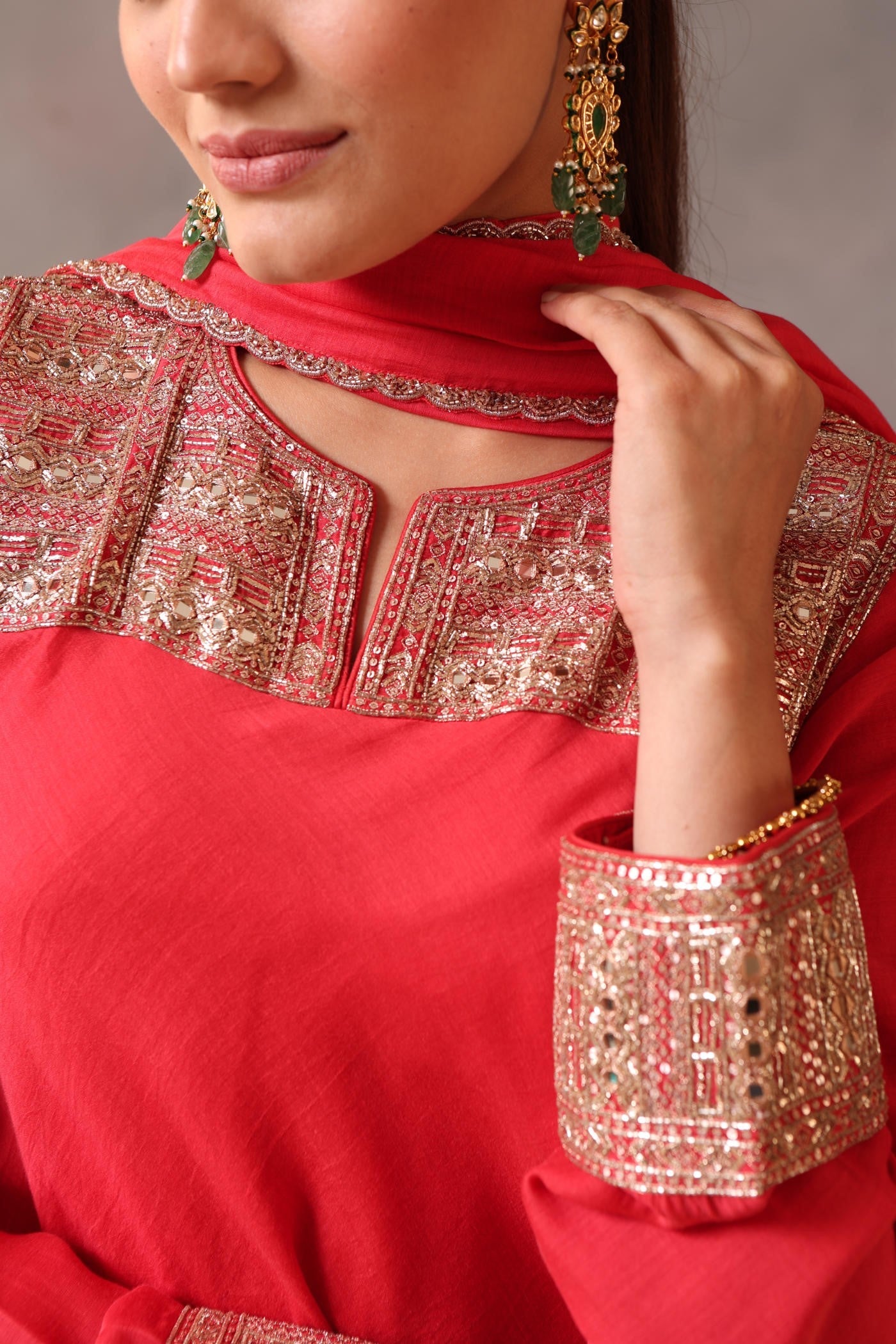 Hand Embroidered Tomato Red Pure Cotton Silk Kurta Pants Set