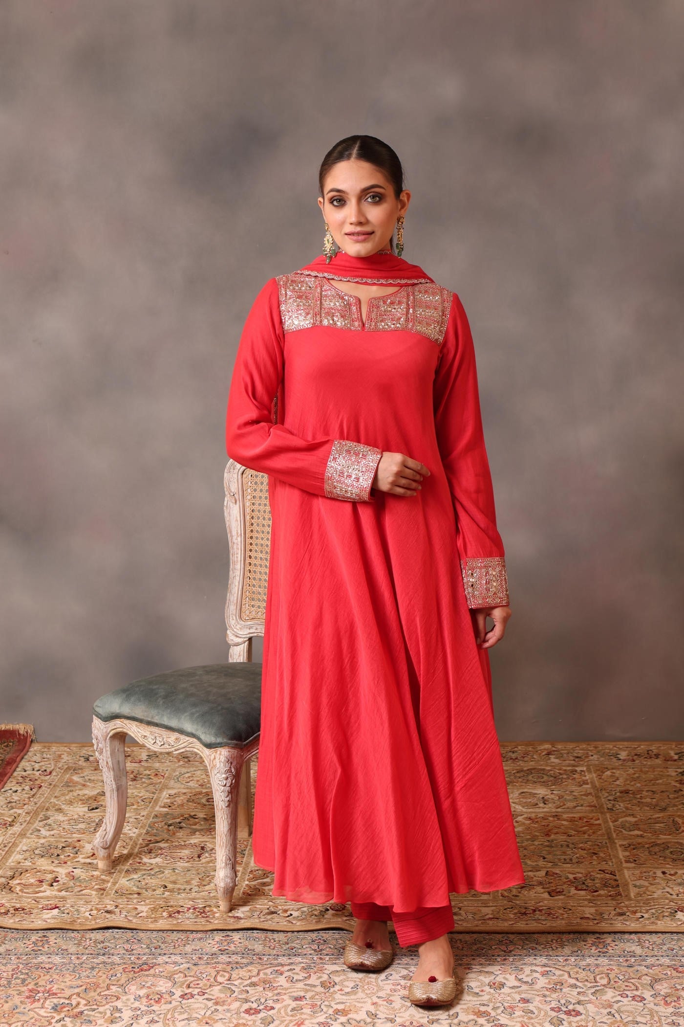 Hand Embroidered Tomato Red Pure Cotton Silk Kurta Pants Set
