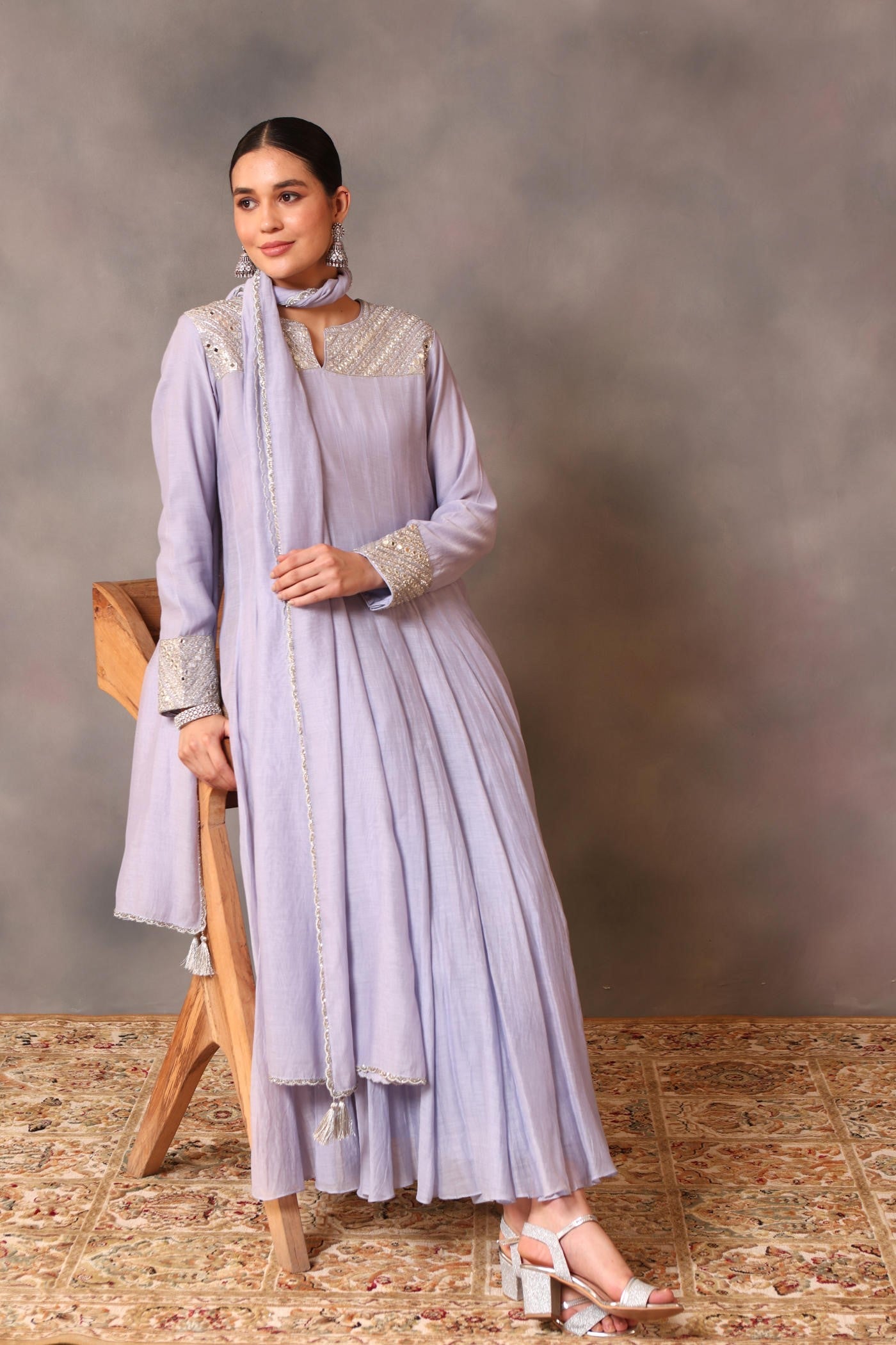 Hand Embroidered Powder Blue Pure Cotton Silk Anarkali Pants Set