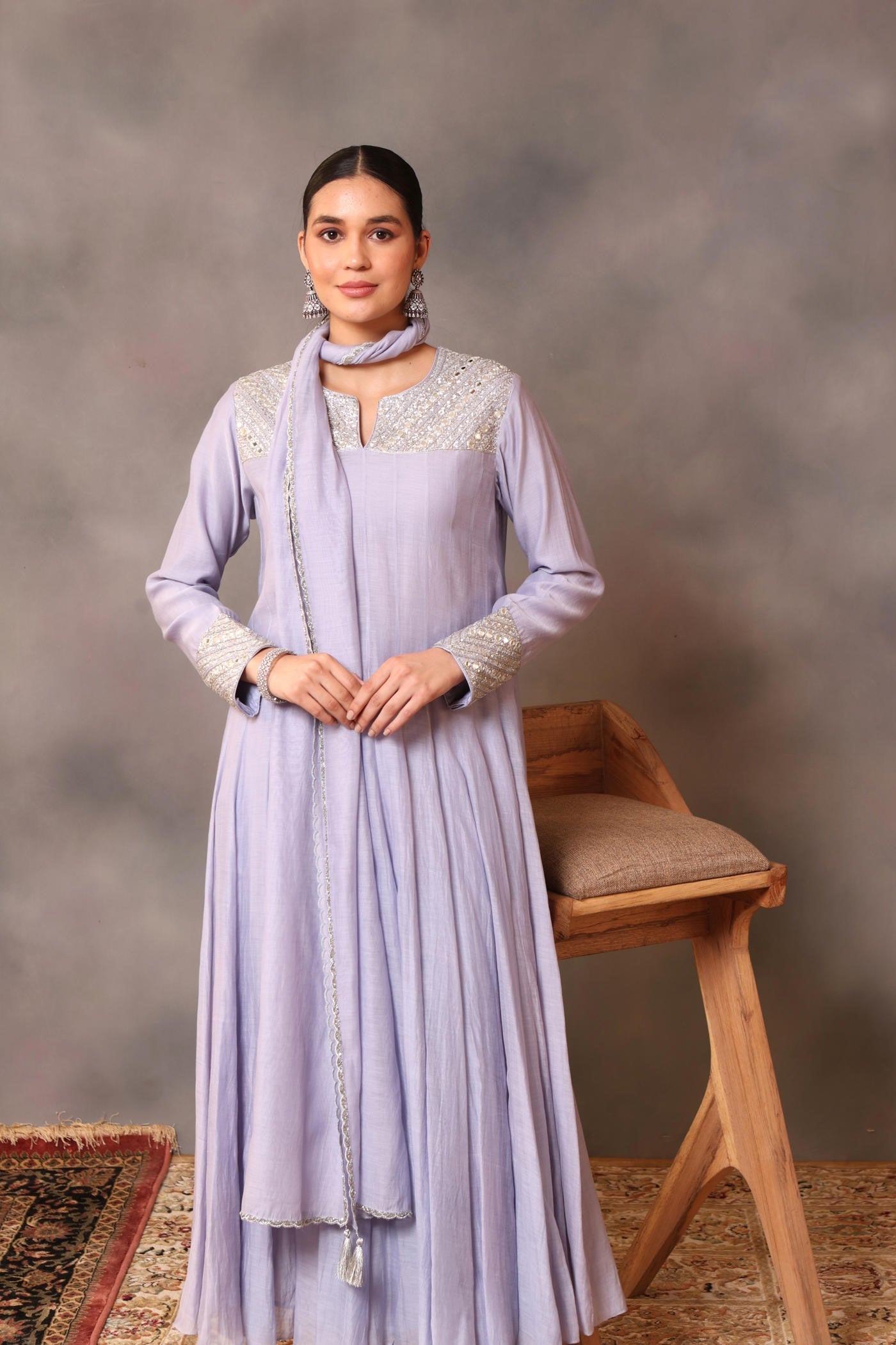 Hand Embroidered Powder Blue Pure Cotton Silk Anarkali Pants Set
