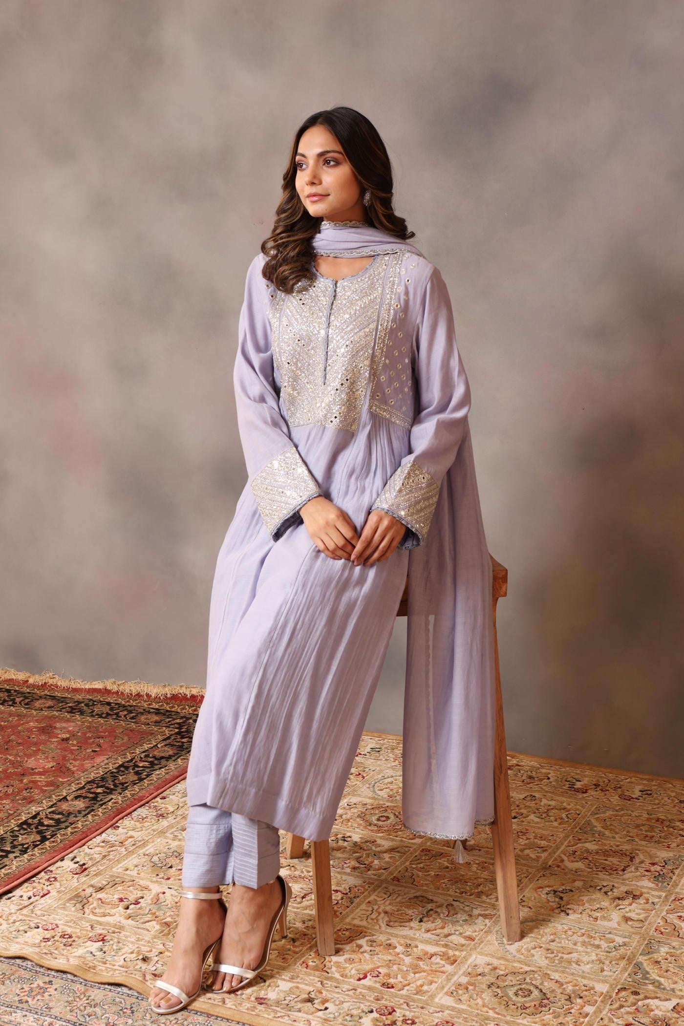 Hand Embroidered Powder Blue Pure Cotton Silk Kurta Pants Set