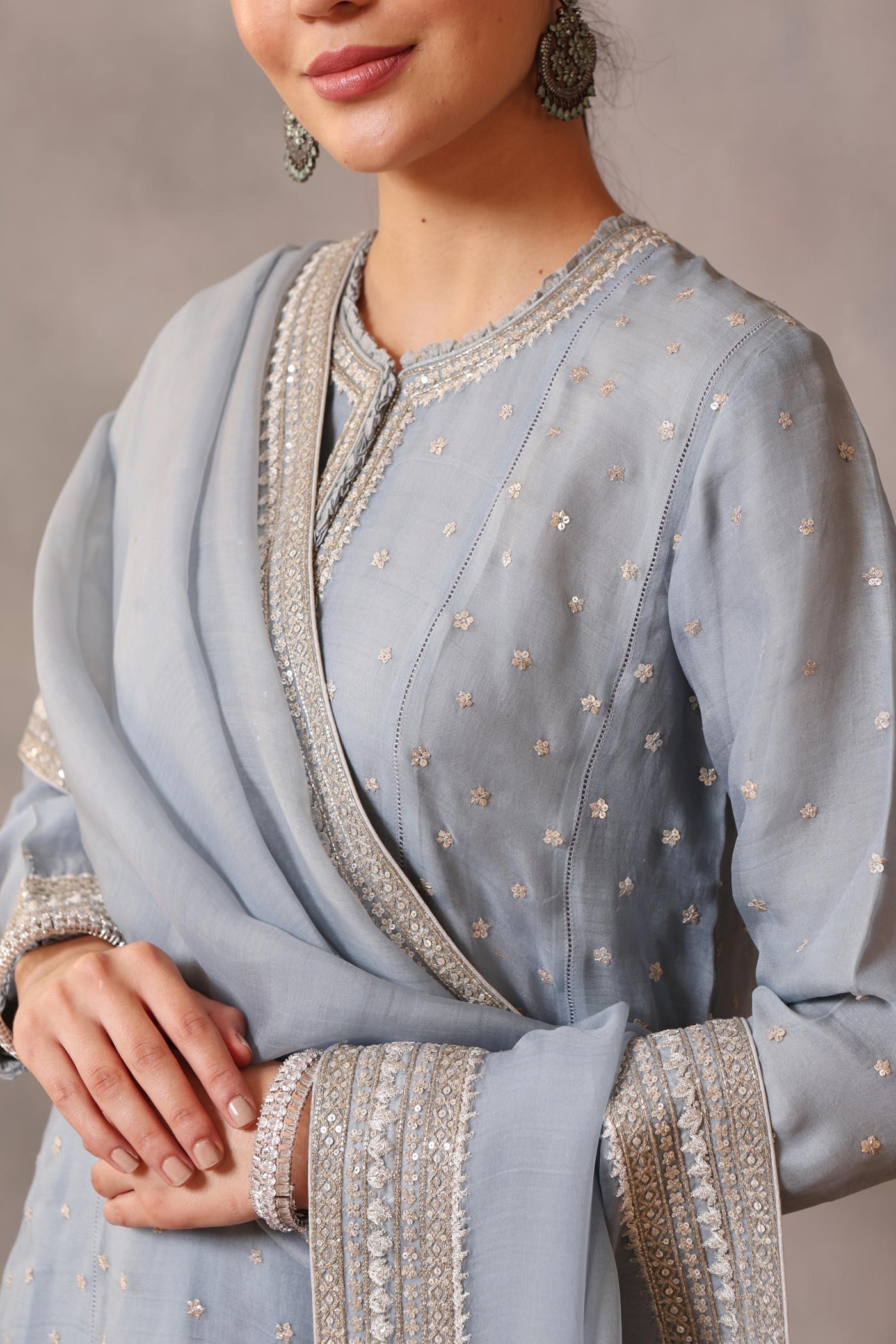 Hand Embroidered Dusty Blue Pure Katan Silk Kurta Pants Set