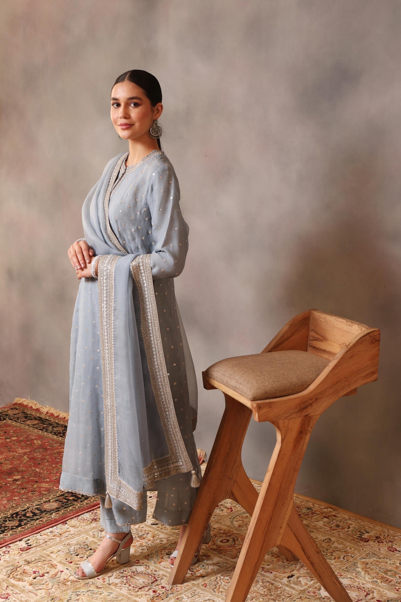 Hand Embroidered Dusty Blue Pure Katan Silk Kurta Pants Set