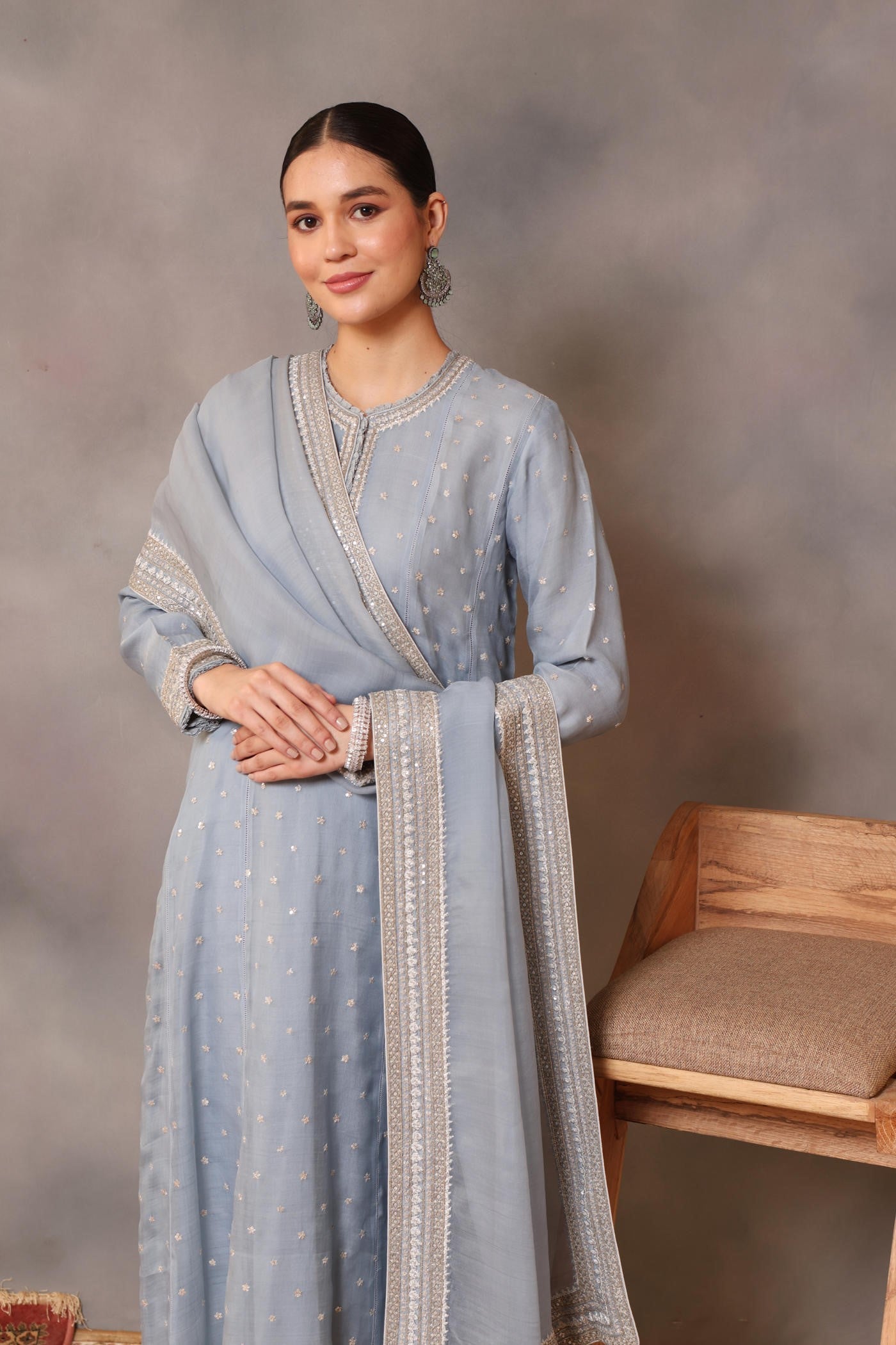 Hand Embroidered Dusty Blue Pure Katan Silk Kurta Pants Set