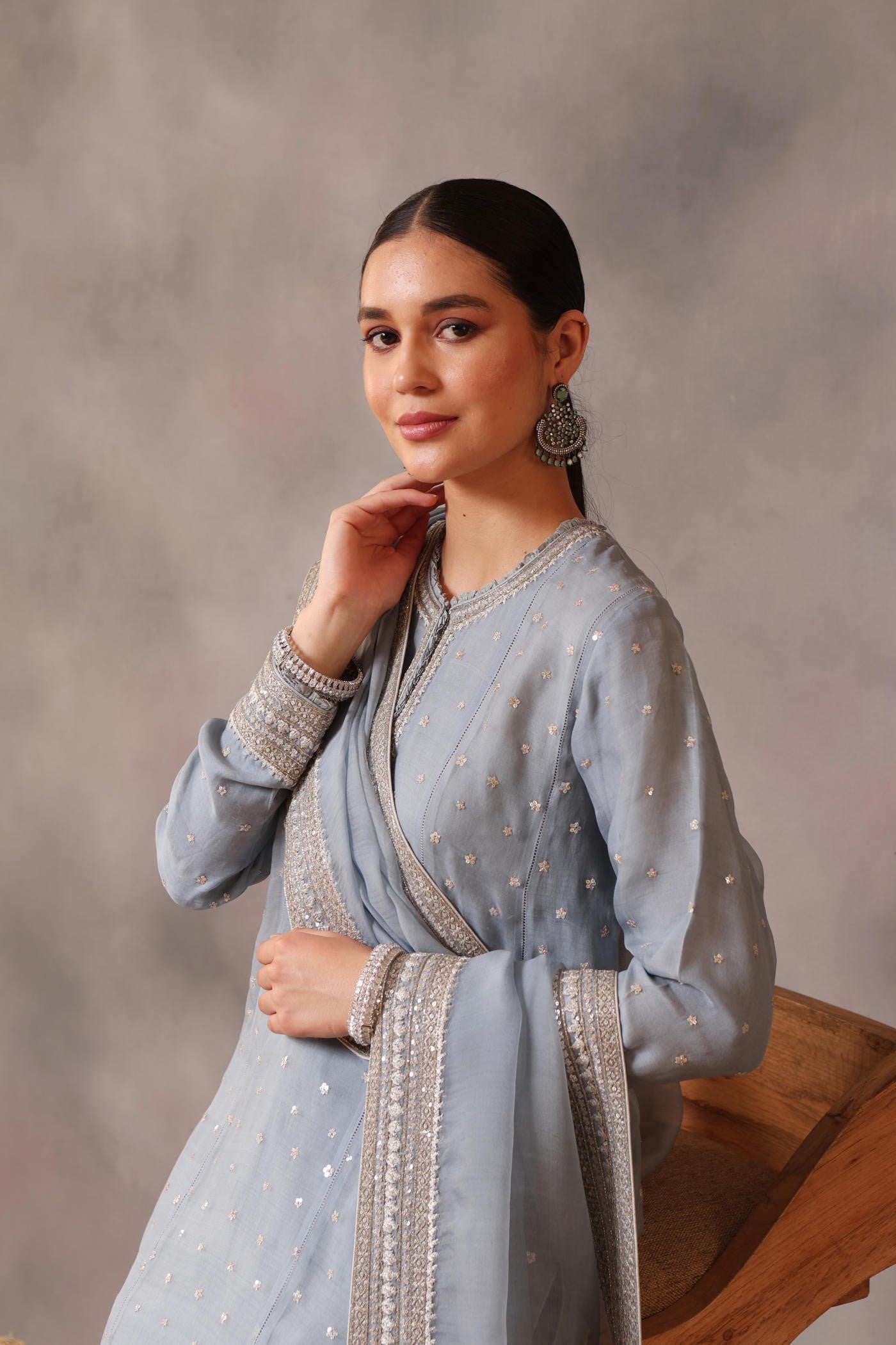 Hand Embroidered Dusty Blue Pure Katan Silk Kurta Pants Set