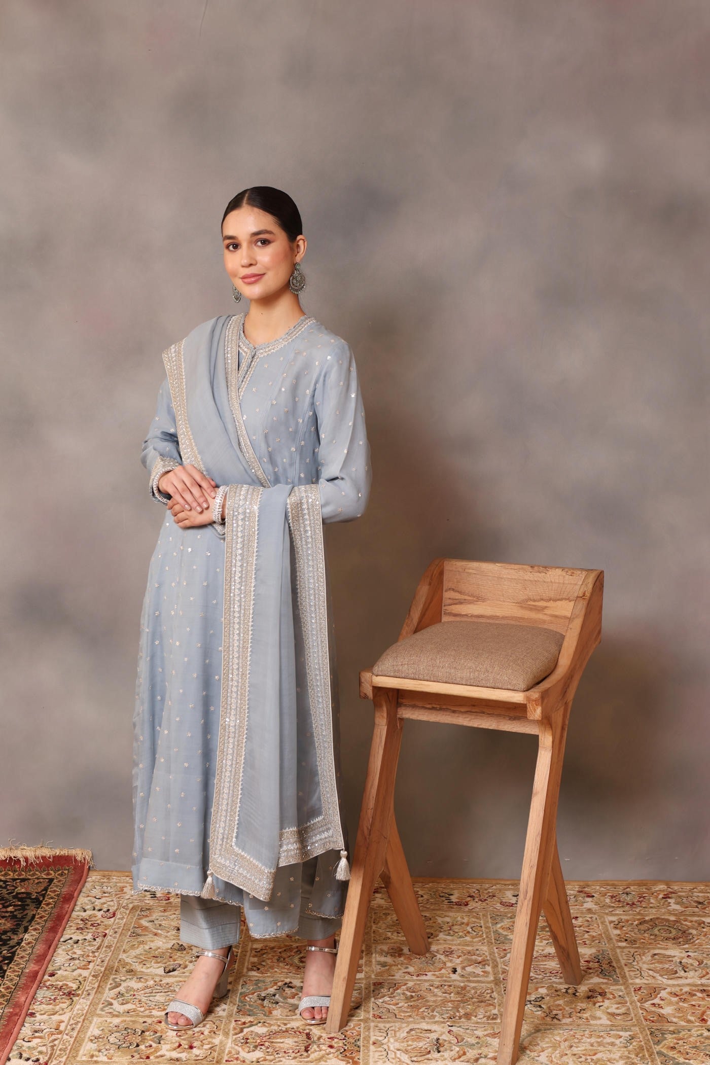 Hand Embroidered Dusty Blue Pure Katan Silk Kurta Pants Set