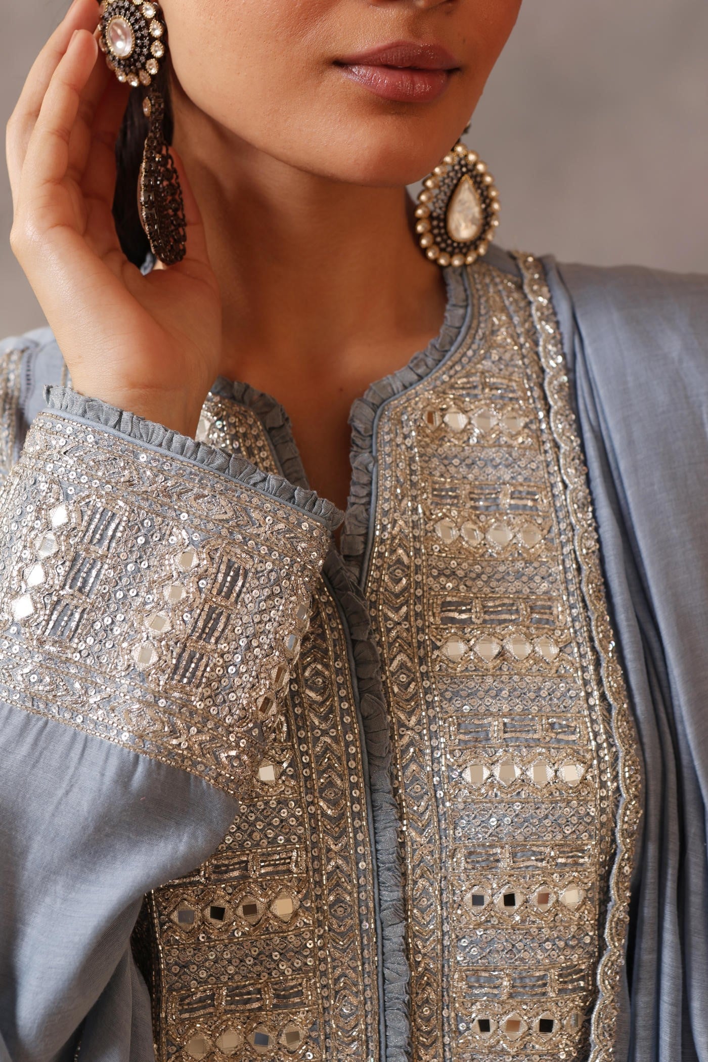 Hand Embroidered Shadow Blue Pure Cotton Silk Kurta Pants Set