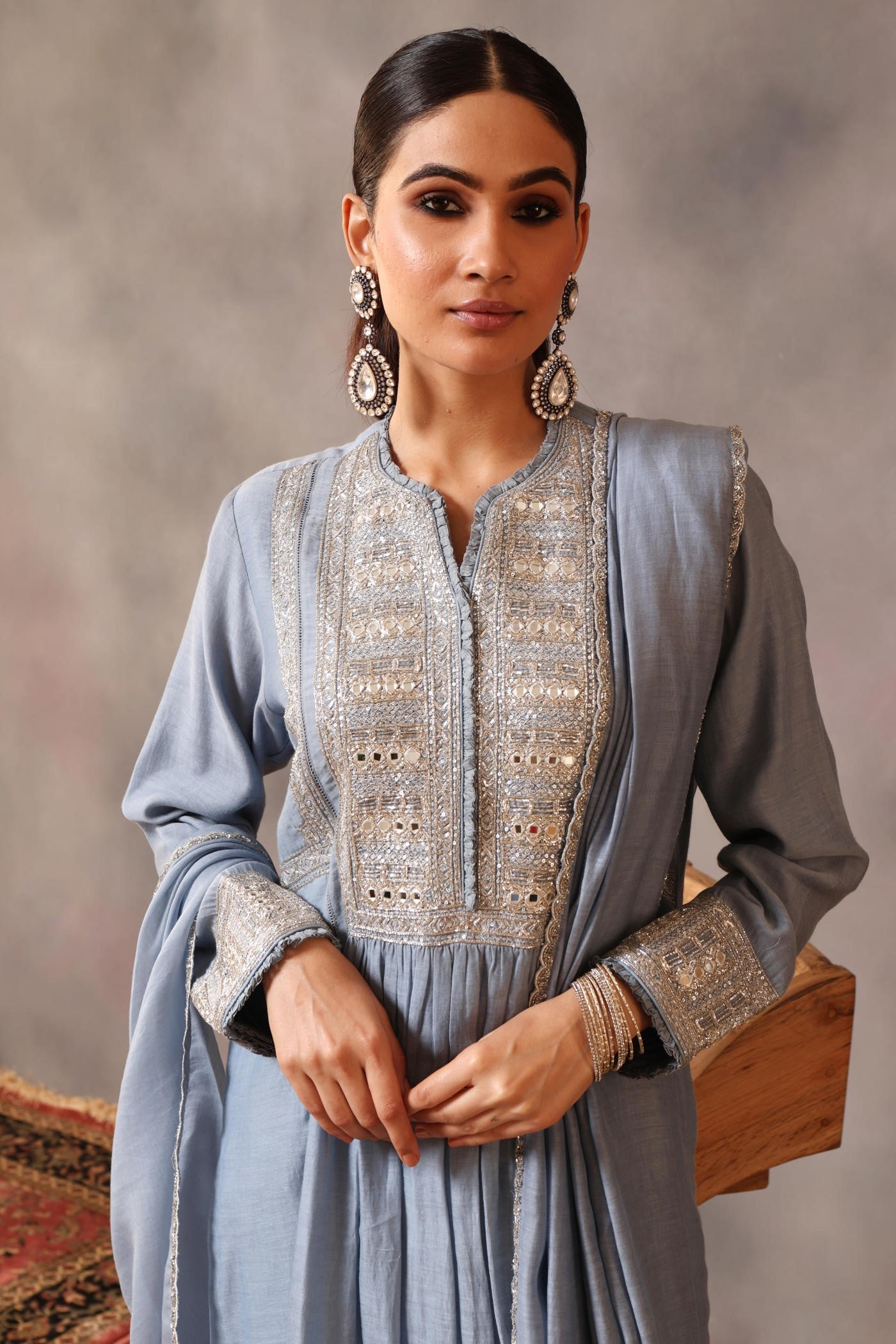 Hand Embroidered Shadow Blue Pure Cotton Silk Kurta Pants Set
