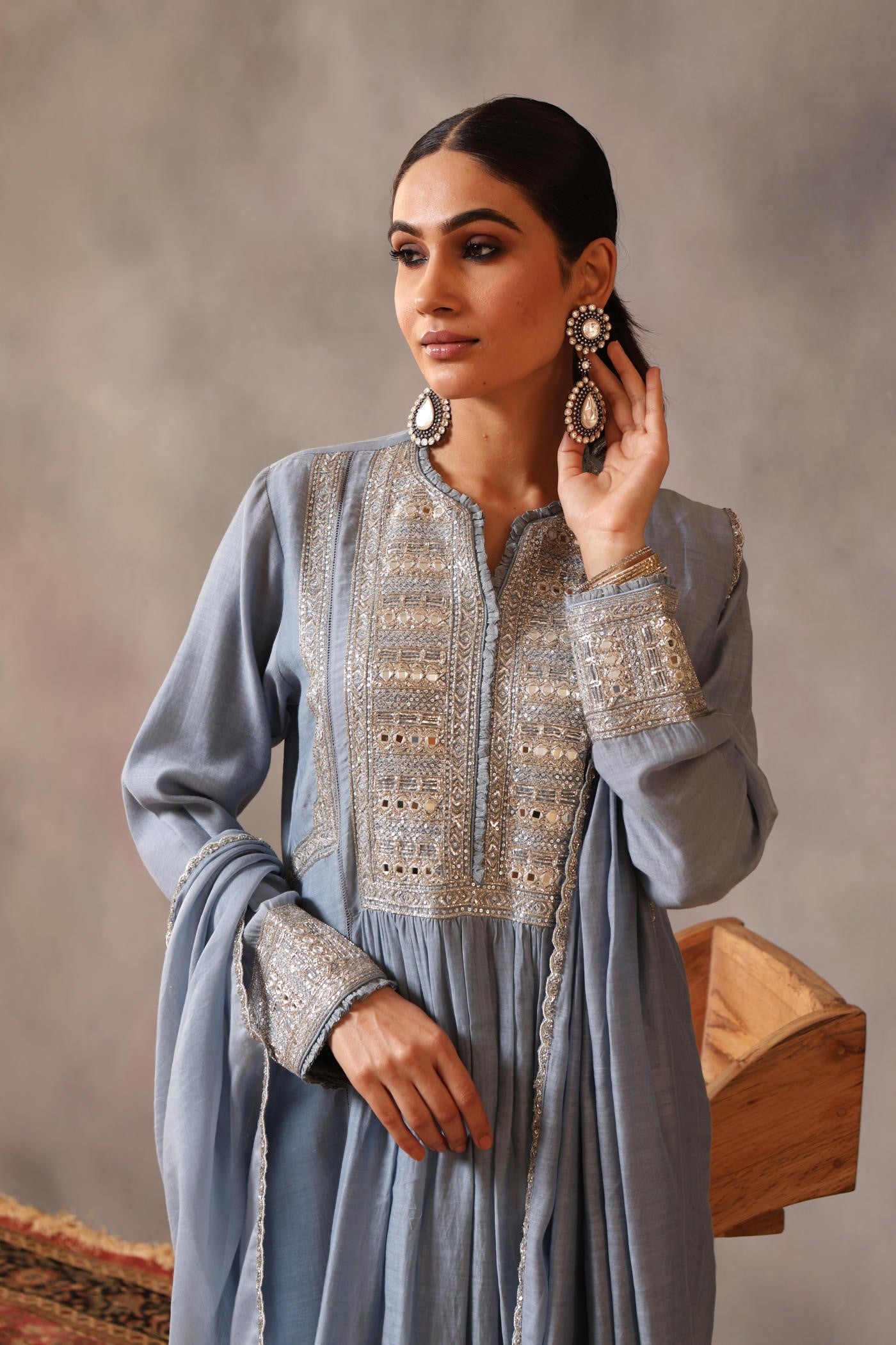 Hand Embroidered Shadow Blue Pure Cotton Silk Kurta Pants Set