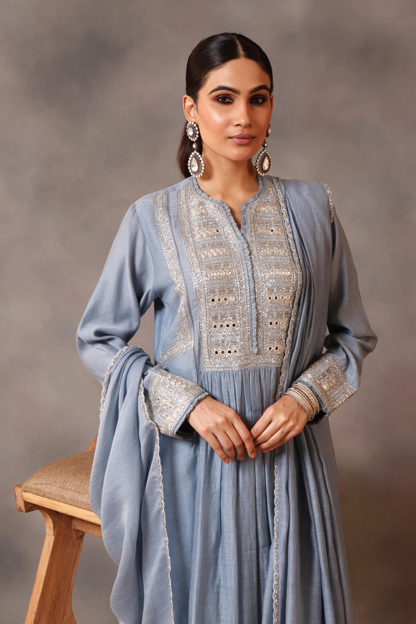 Hand Embroidered Shadow Blue Pure Cotton Silk Kurta Pants Set