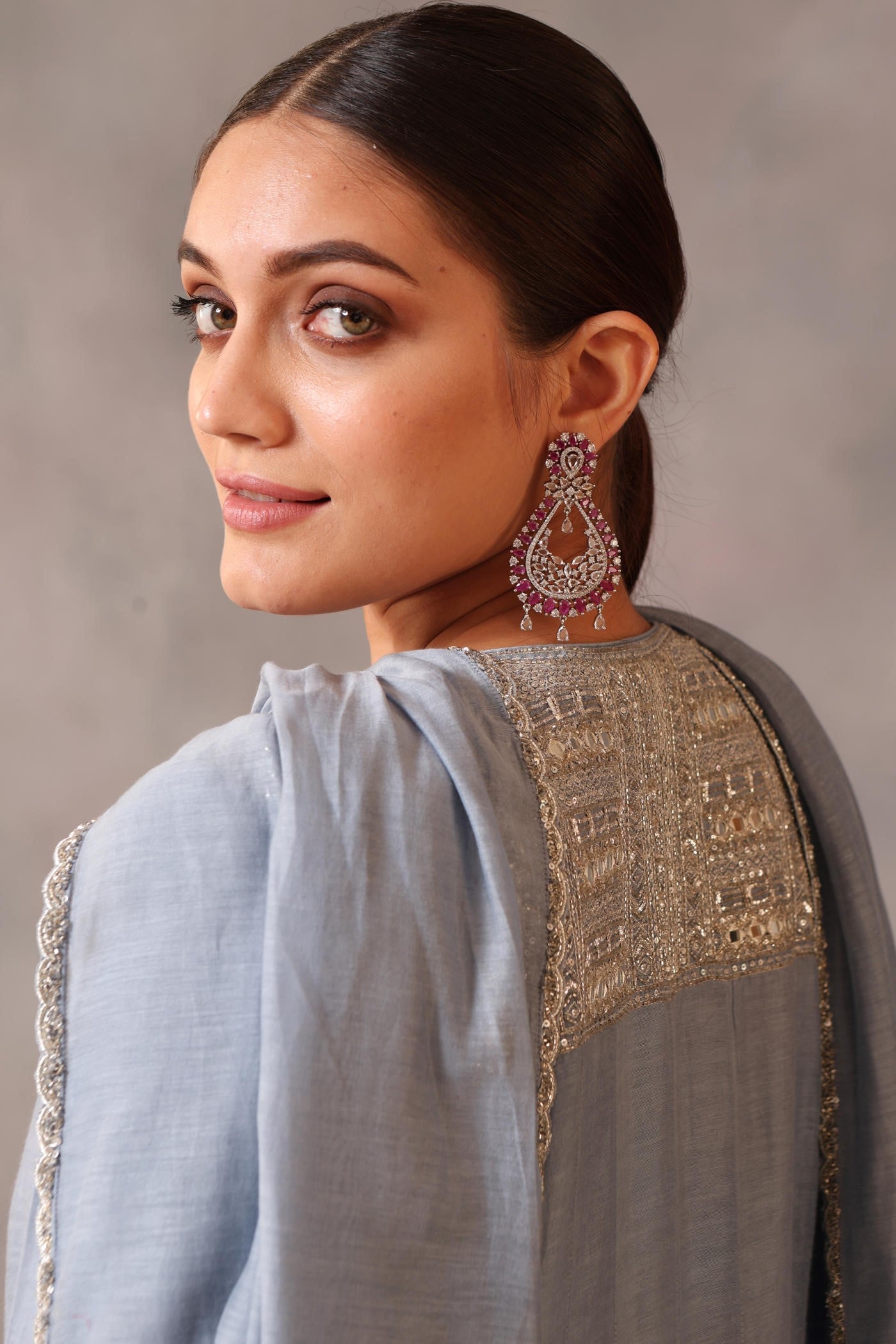 Hand Embroidered Shadow Blue Pure Cotton Silk Anarkali Pants Set