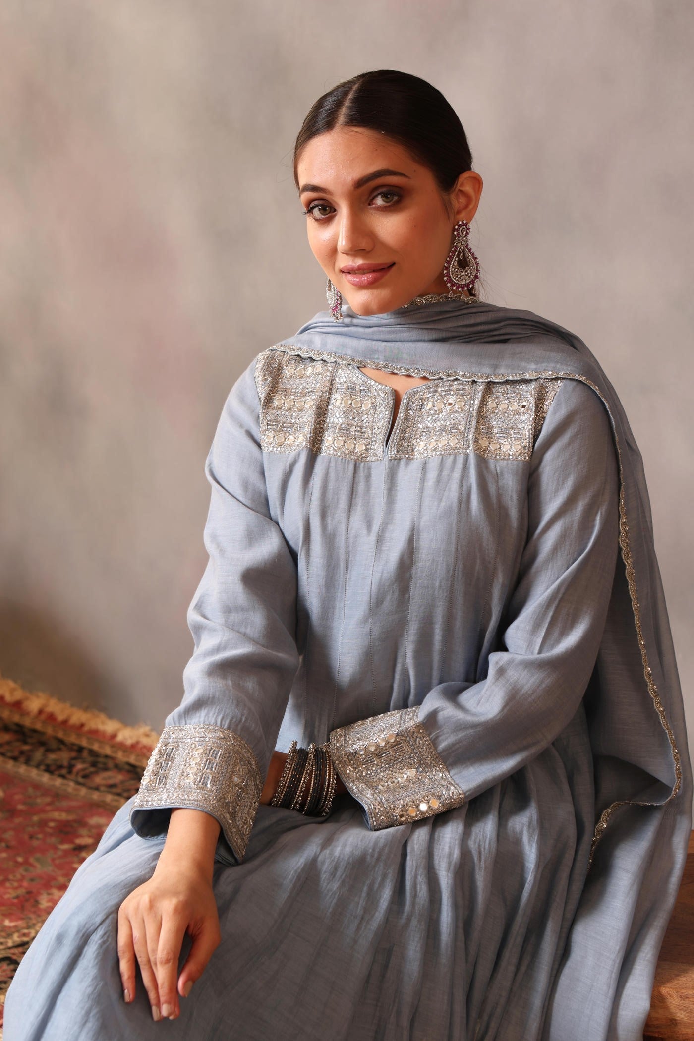 Hand Embroidered Shadow Blue Pure Cotton Silk Anarkali Pants Set