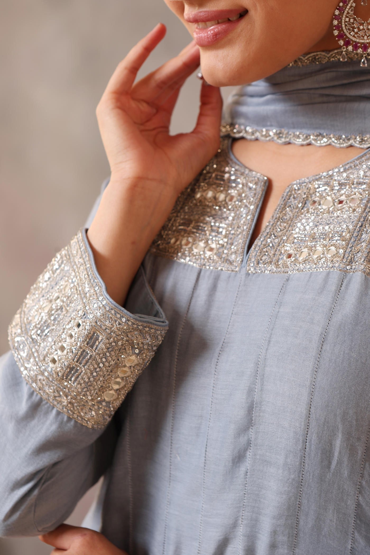 Hand Embroidered Shadow Blue Pure Cotton Silk Anarkali Pants Set