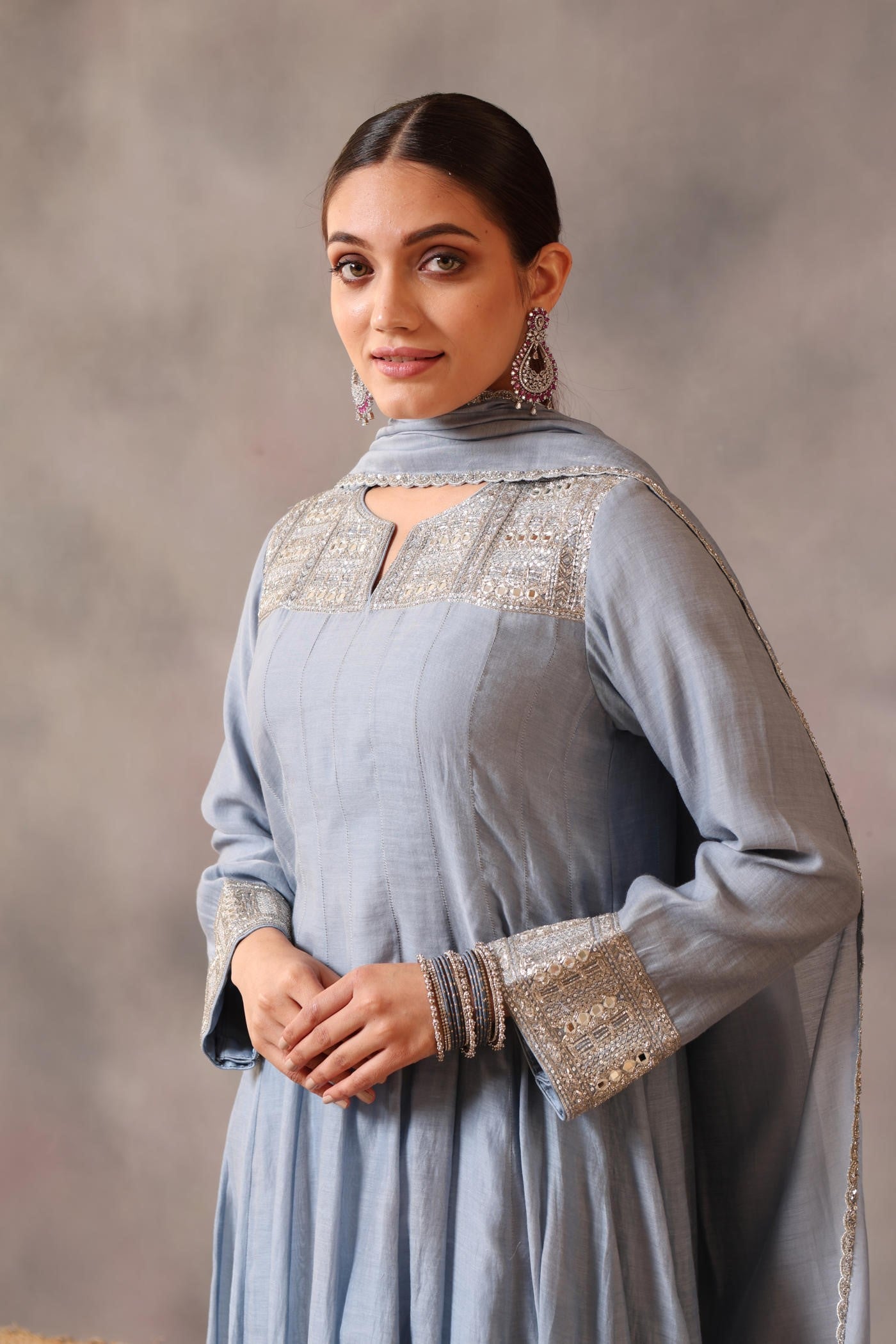 Hand Embroidered Shadow Blue Pure Cotton Silk Anarkali Pants Set