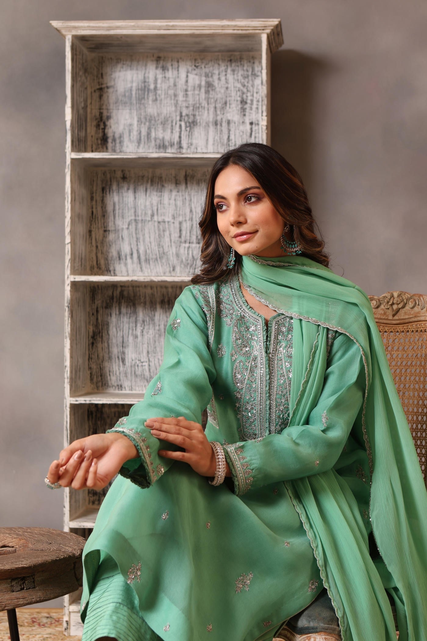 Hand Embroidered Bermuda Green Pure Silk Organza Kurta Pants Set