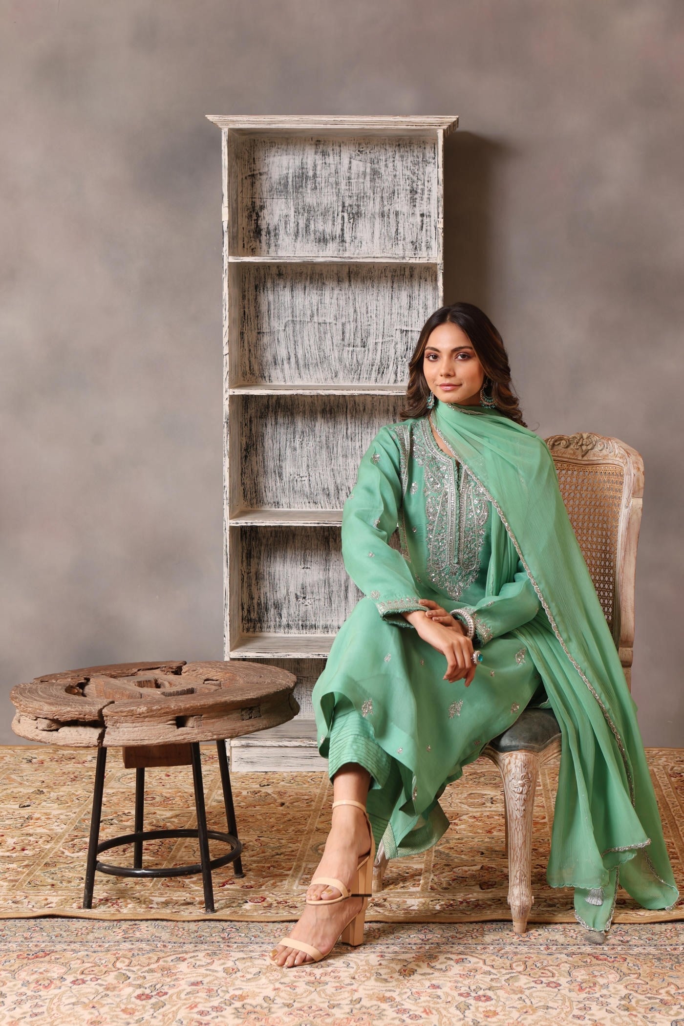 Hand Embroidered Bermuda Green Pure Silk Organza Kurta Pants Set